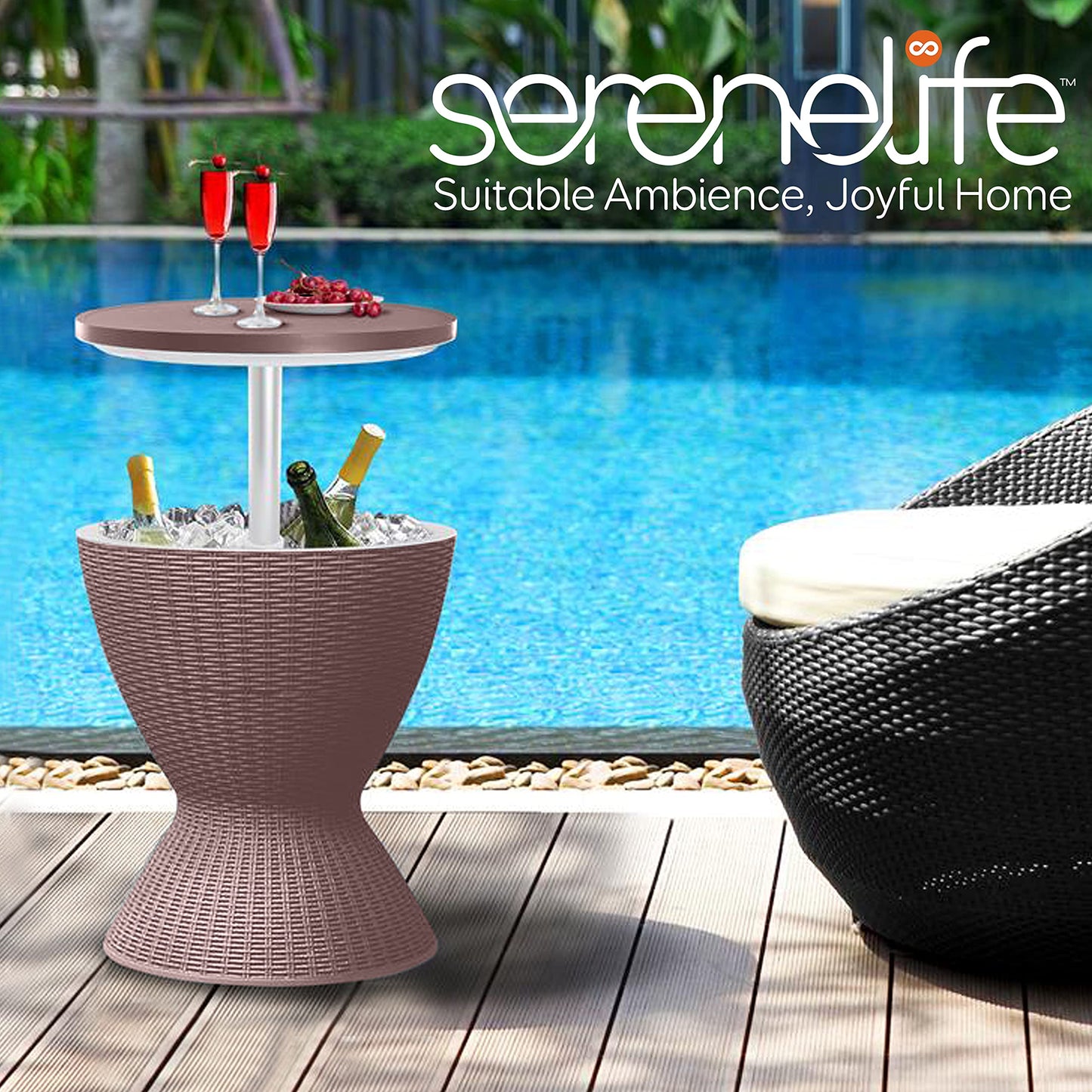 SereneLife Outdoor Cool Bar Table, 7.5 Gallon Beer and Wine Cooler, Patio Furniture & Hot Tub Side Table, Beverage Cooler, All-Weather Resistant Ice Cool Bar, Rattan Style Patio, Cocktail Bar (Grey)