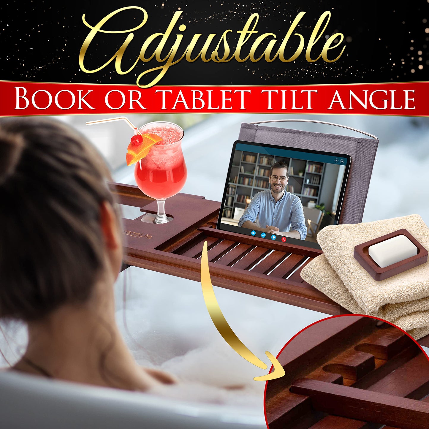 SereneLife Bamboo Bathtub Caddy with Luxury Gift Box and Red Gifting Ribbon Extendable & Adjustable Tray with Device/Book Holder with Removable Trays for Bath Accessories (Stain Brown)