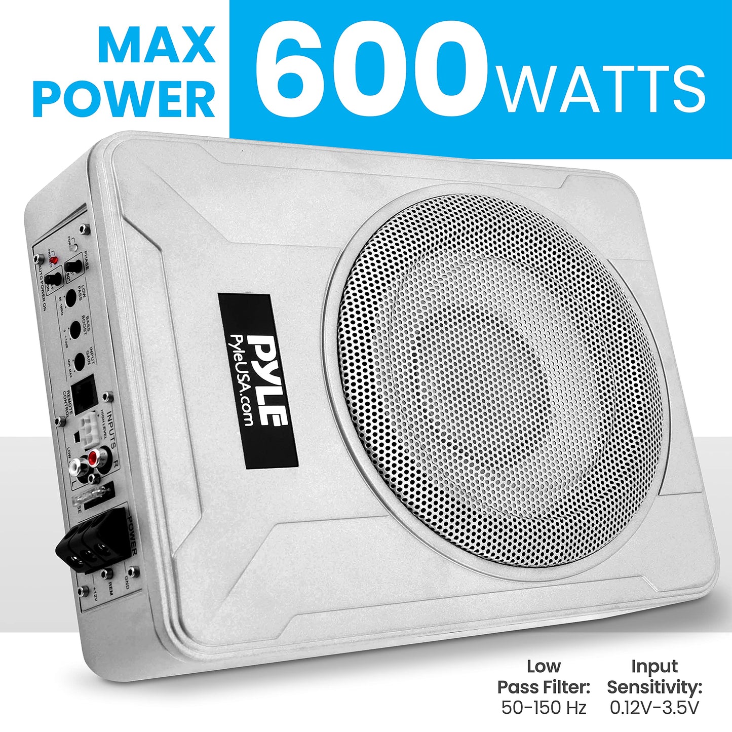 Pyle 8-Inch Low-Profile Amplified Subwoofer System - 600 Watt Compact Enclosed Active Marine Underseat Car Subwoofer with Built in Amp, Powered Car Subwoofer w/Low & High Level Inputs PLMRSBA8,Silver