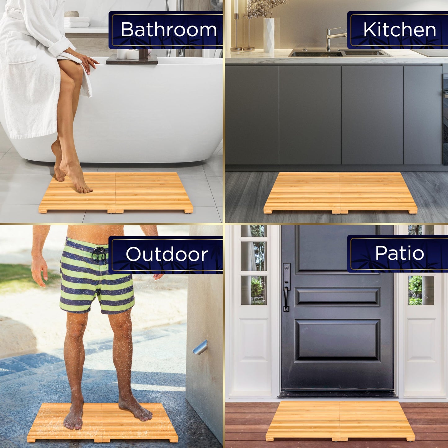 SereneLife Foldable Bamboo Bath and Shower Mat, Non-Slip Floor Mat for Bathroom, Sauna, Spa - Dual Non-Slip Surfaces, Withstands up to 300lbs Weight, Easy Storage - Natural