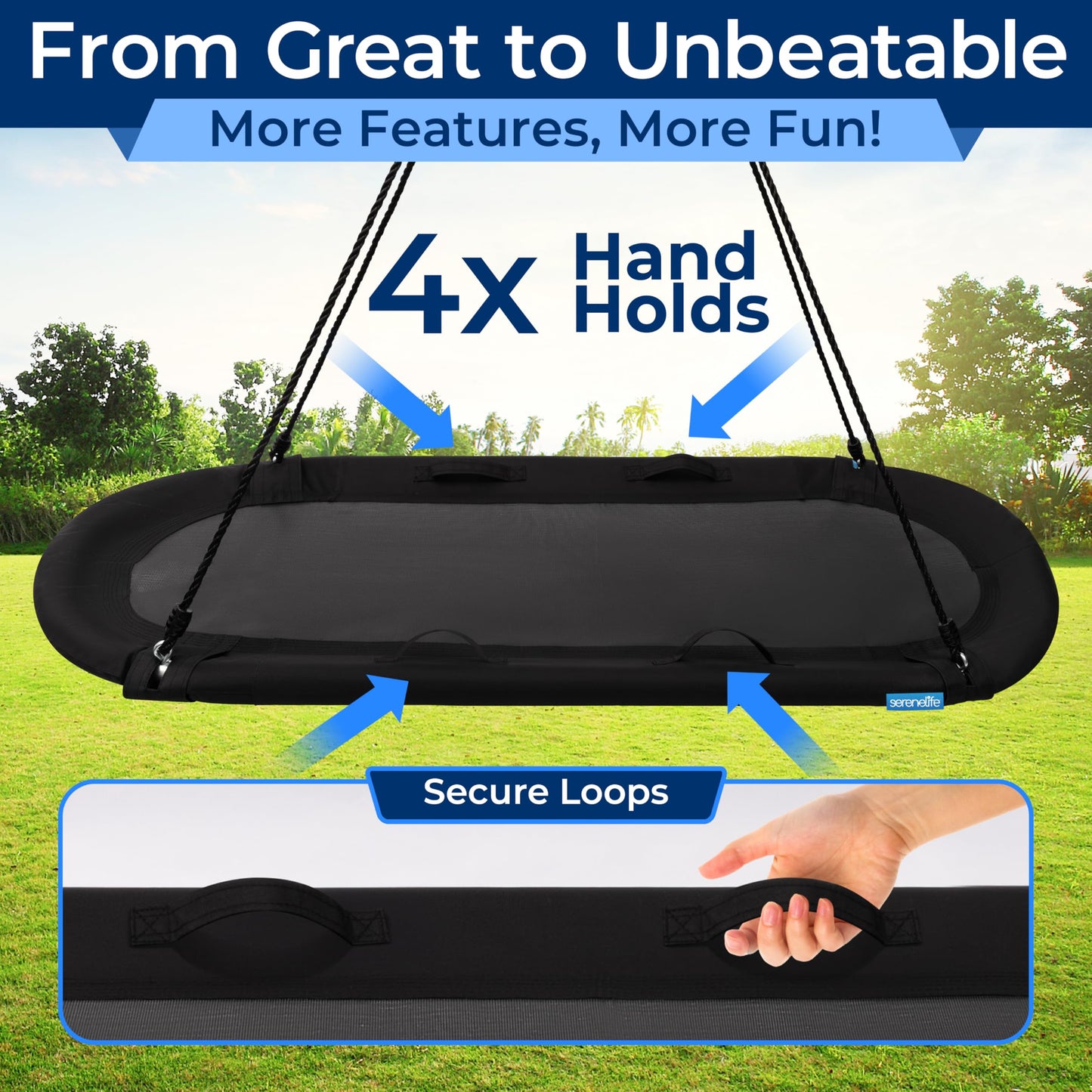 SereneLife 67" Oval Saucer Swing - Giant Outdoor Swing Set with Universal Hanging Kit, Swinging Seat Spinner with Carry Bag, Weatherproof, Water-Resistant, Supports Up to 700 lbs, Black