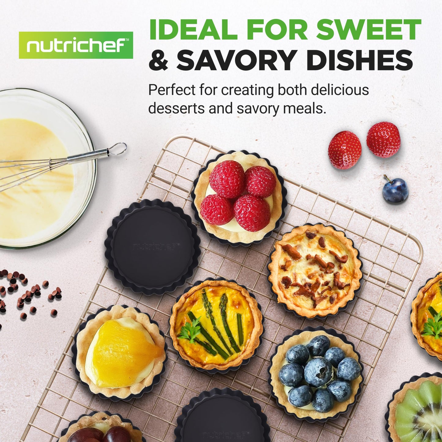 NutriChef Mini Tart Pans 10 Nonstick Molds With Removable Bottoms | 4 Inch Heavy Duty Steel Quiche Pans | Oven & Dishwasher Safe | Fluted Sides for Sweet & Savory Foods | Includes 200 Parchment Papers