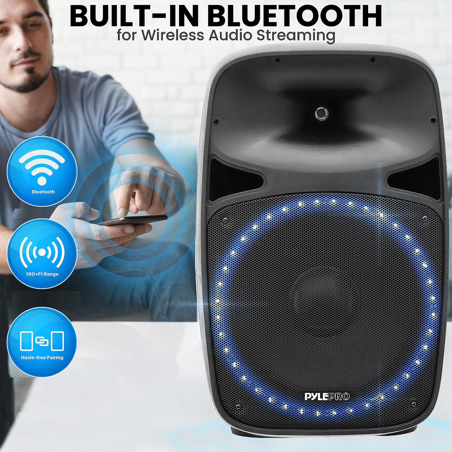 Pyle Powerful Wireless Sound 400W Portable Bluetooth PA Speaker - 12" Indoor/Outdoor Audio System w/Party Lights, Digital Display, FM/AUX/MP3/USB/SD, Handle, Wheels, Microphone, Remote
