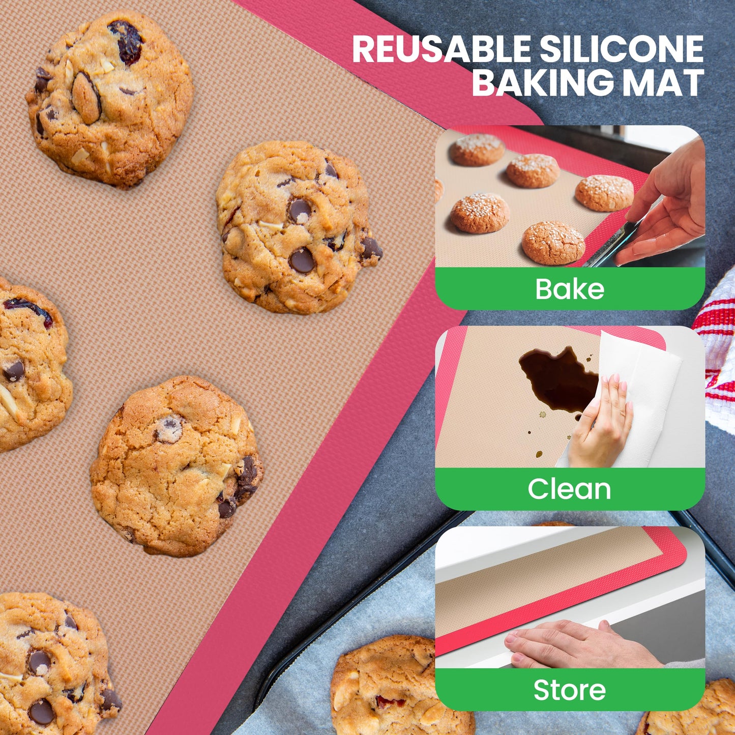 Nutrichef Silicone Baking Mats - 2 Non-stick Food-Grade Silicone Mats - Perfect for Full Baking Pans 24.4 x 16.5 IN - Oven-safe Up to 480 Degrees F - Suitable for Ovens, Freezers, & Dishwashers - Pink