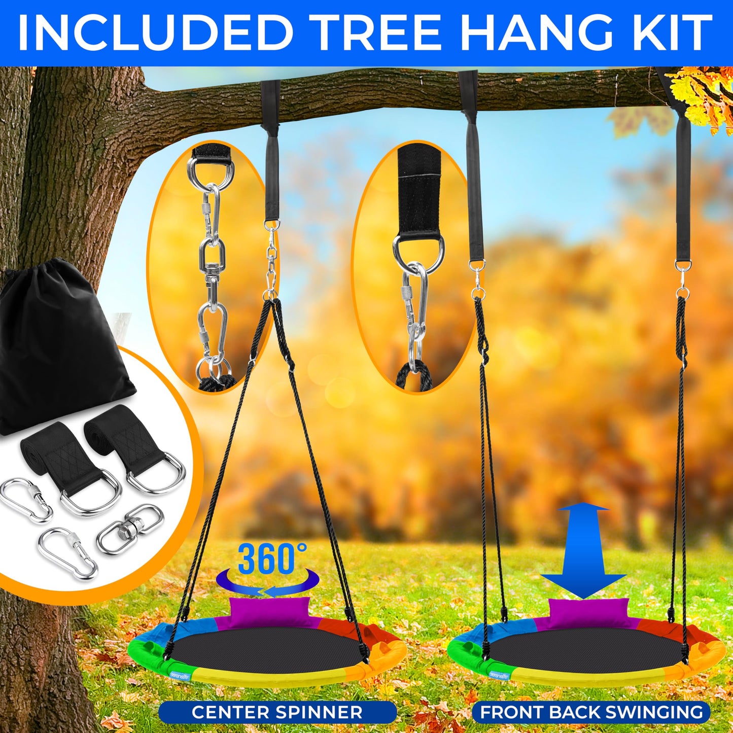 SereneLife 40" Saucer Swing - Outdoor Swing Set with Universal Hanging Kit, Swinging Seat Spinner with Pillow & Carry Bag, Weatherproof, Water-Resistant, Supports Up to 700 lbs, Rainbow