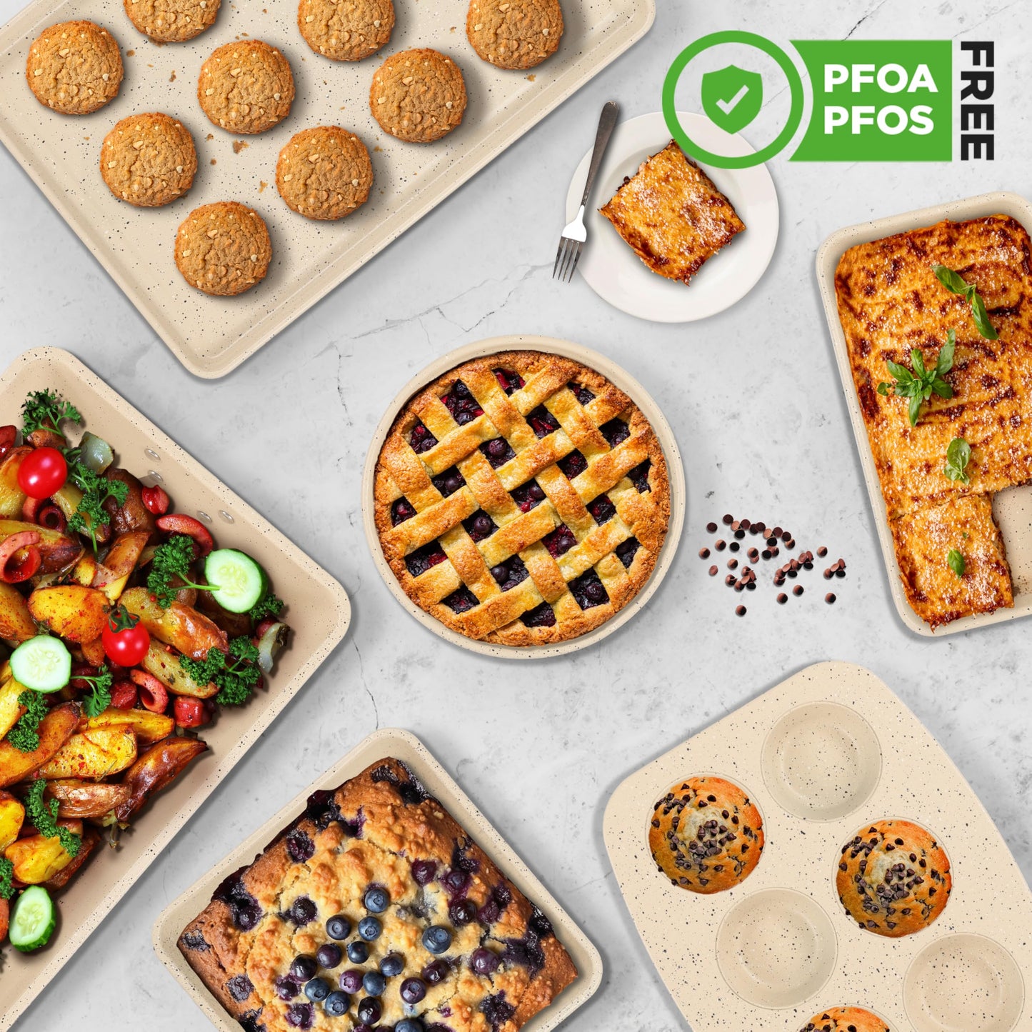 NutriChef 8-Piece Stackable Bakeware Set | Carbon Steel Non-Stick Baking Pan Set | Includes Sheet, Muffin, Round, Loaf, Square Cake & Deep Pans | No PFOA & PFOS | Oven Safe to 450 F (Marble Cream)