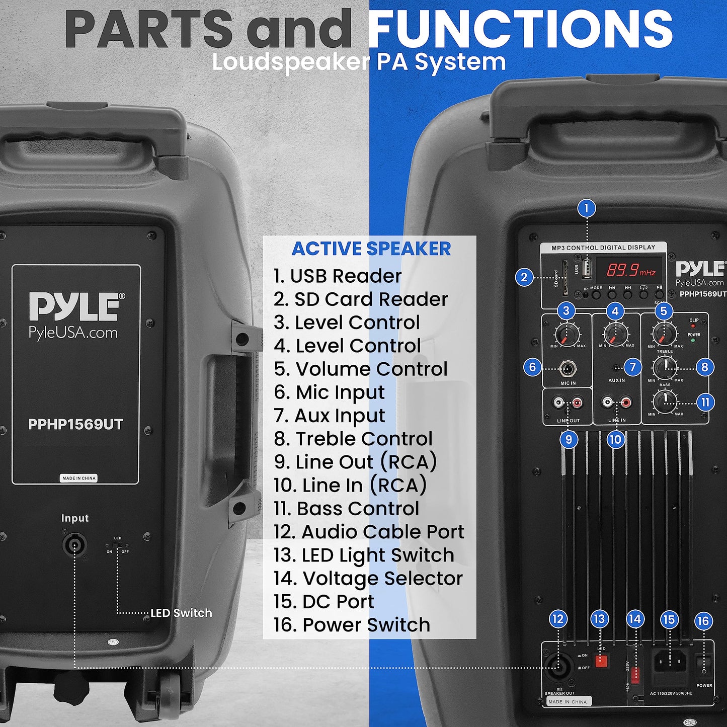 Pyle Wireless Bluetooth PA Speaker - 500W Full Range 15” Active + Passive Outdoor BT Audio System w/Party Lights, FM/AUX/MP3/USB/SD, Mic in, Handle, Wheels - with Stand, Microphone, Remote