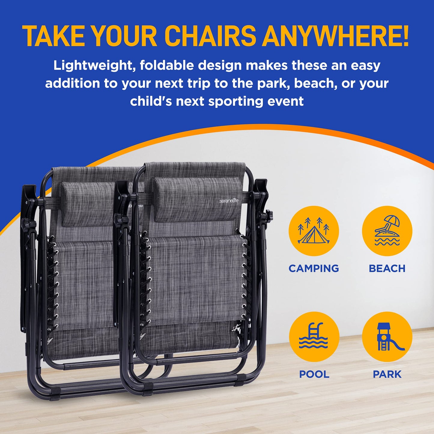 SereneLife Zero Gravity Chairs Set of 2 - Adjustable Steel Mesh Lawn Chairs - Outdoor Lounge Chairs with Detachable Cup Holder Tray - Foldable Outdoor Chair with Removable Pillows - Grey
