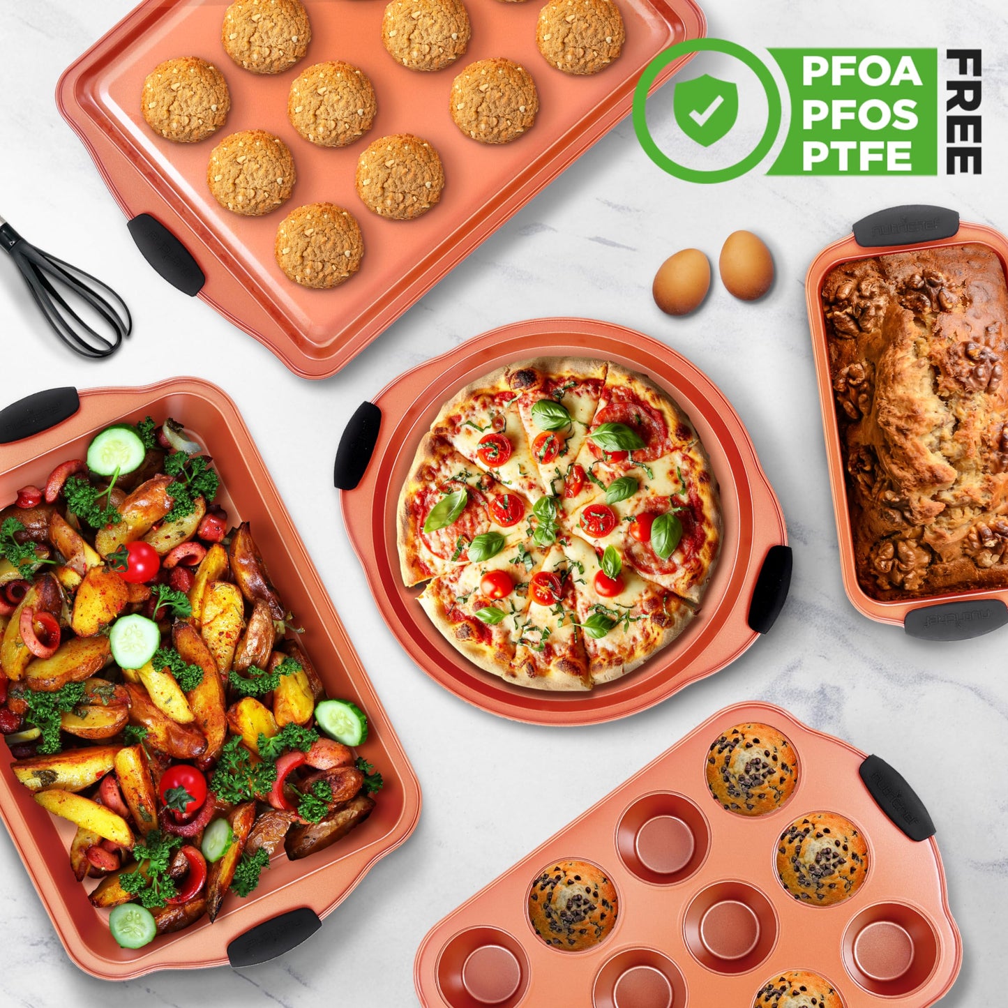 NutriChef 10-Piece Nonstick Baking Pan Set – Durable Carbon Steel Bakeware with Silicone Handles – Bakeware set Includes Cookie Sheet, Muffin, Cake, Pizza & Roasting Pans – Even Heating, Easy Cleanup