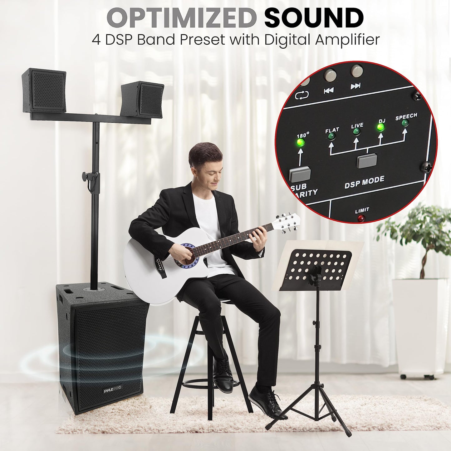 Pyle Line Array Column Speaker - Professional and Compact Sound System with 1x10'' Subwoofer, 2x4” Full Range Driver Built-in Digital Audio Amplifier with 4 Band DSP Presets