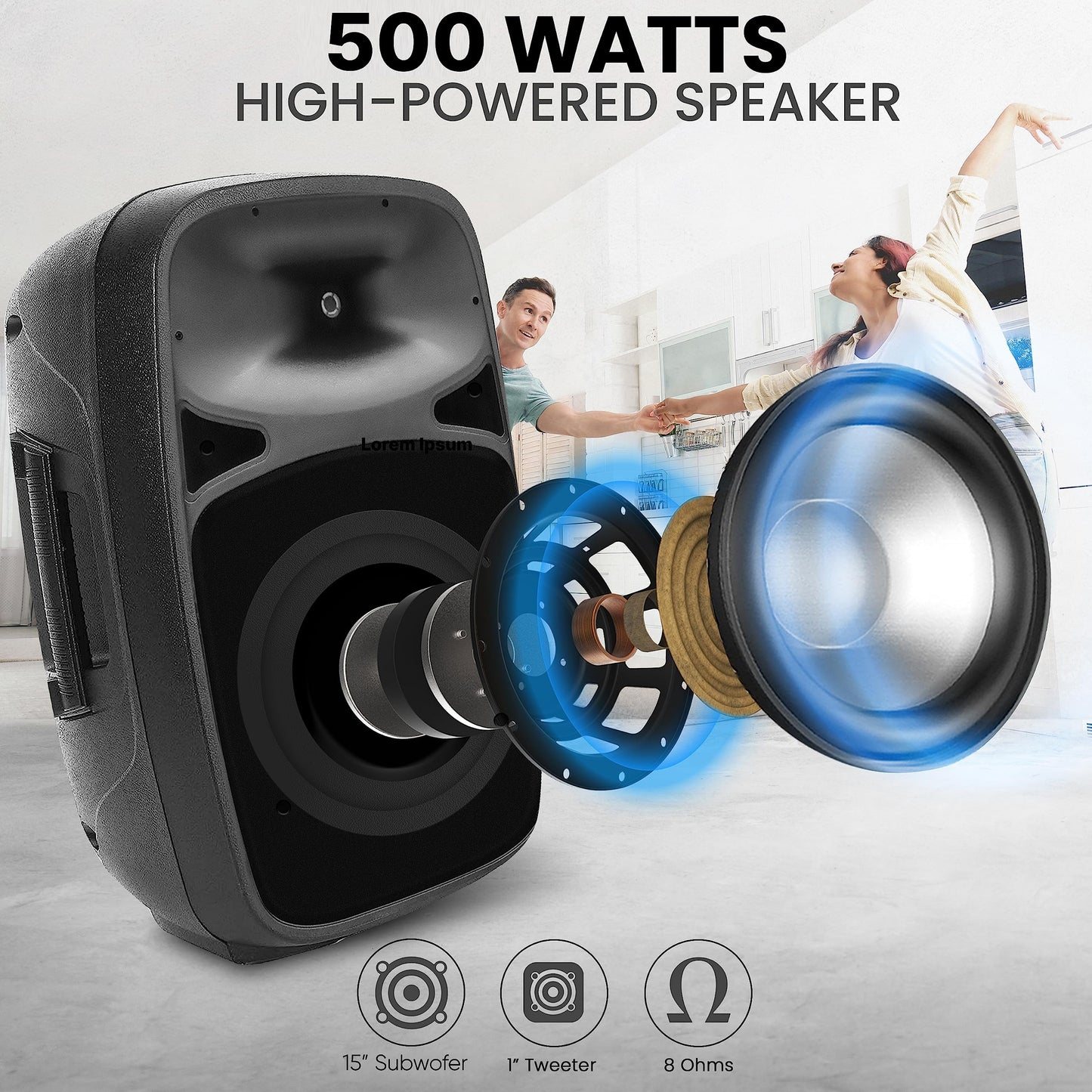 Pyle Wireless Bluetooth PA Speaker - 500W Full Range 15” Active + Passive Outdoor BT Audio System w/Party Lights, FM/AUX/MP3/USB/SD, Mic in, Handle, Wheels - with Stand, Microphone, Remote