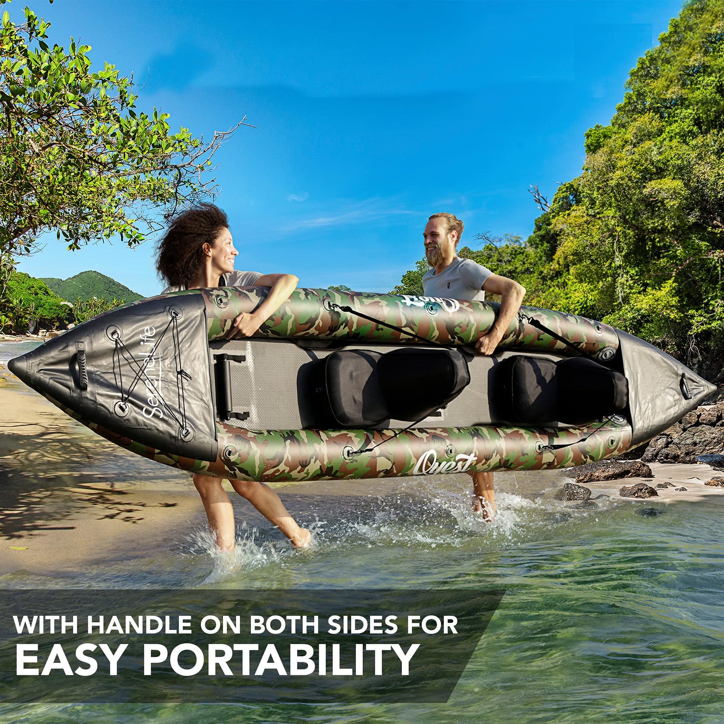 SereneLife 2-Person Inflatable Kayak with Aluminum Paddles & Pump – Portable, Lightweight Kayak for Adults with Adjustable Seats, Puncture-Resistant PVC, 660lb Capacity, Repair Kit & Carry Bag – Camo