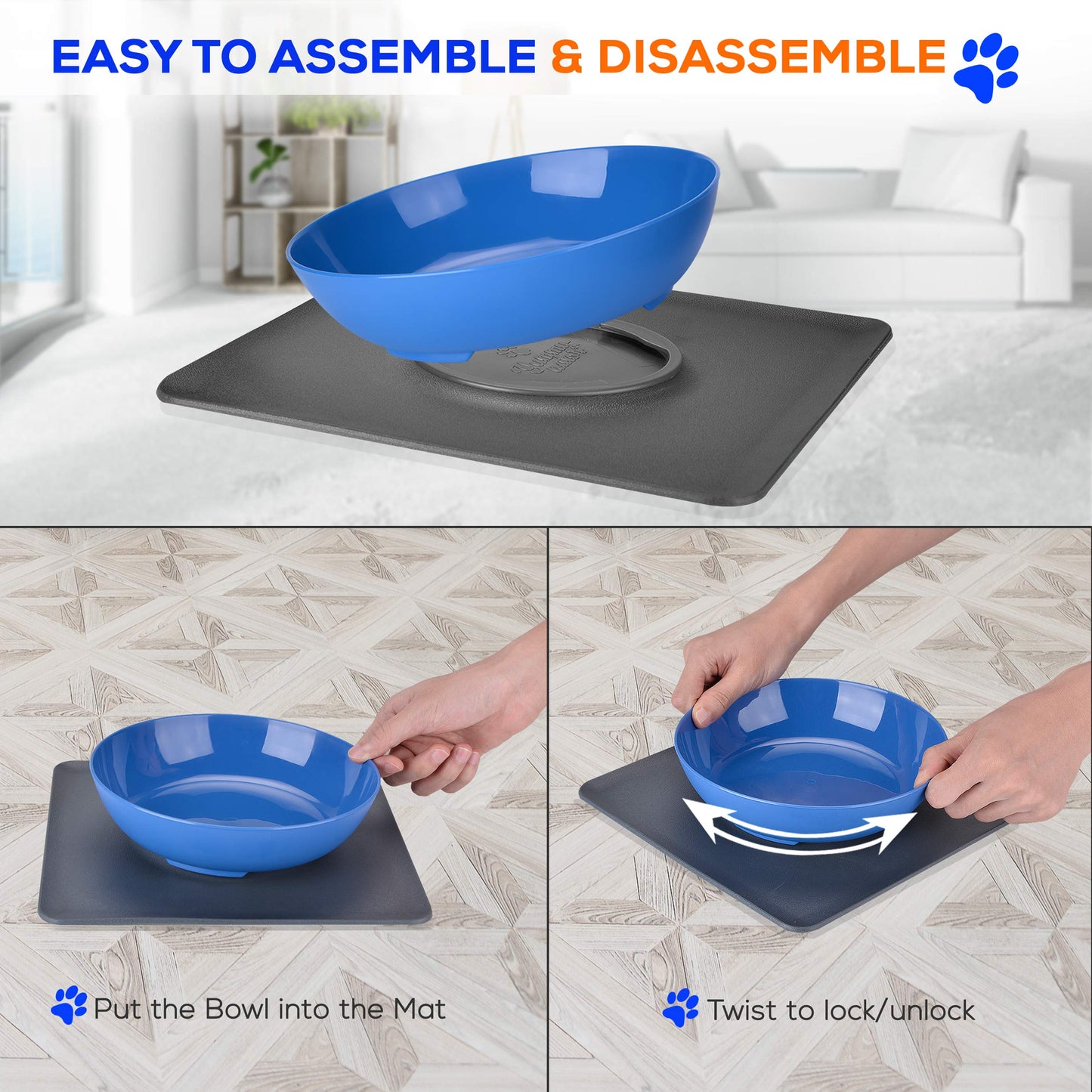SereneLife Flip Spill Proof Set-Interlocking Non Skid Pet Puppy Cat Dog Mat-Twisty Dish Food/Water Bowl for Mess Free Feeding SLTDG6, Medium, Blue (SLTDG66)