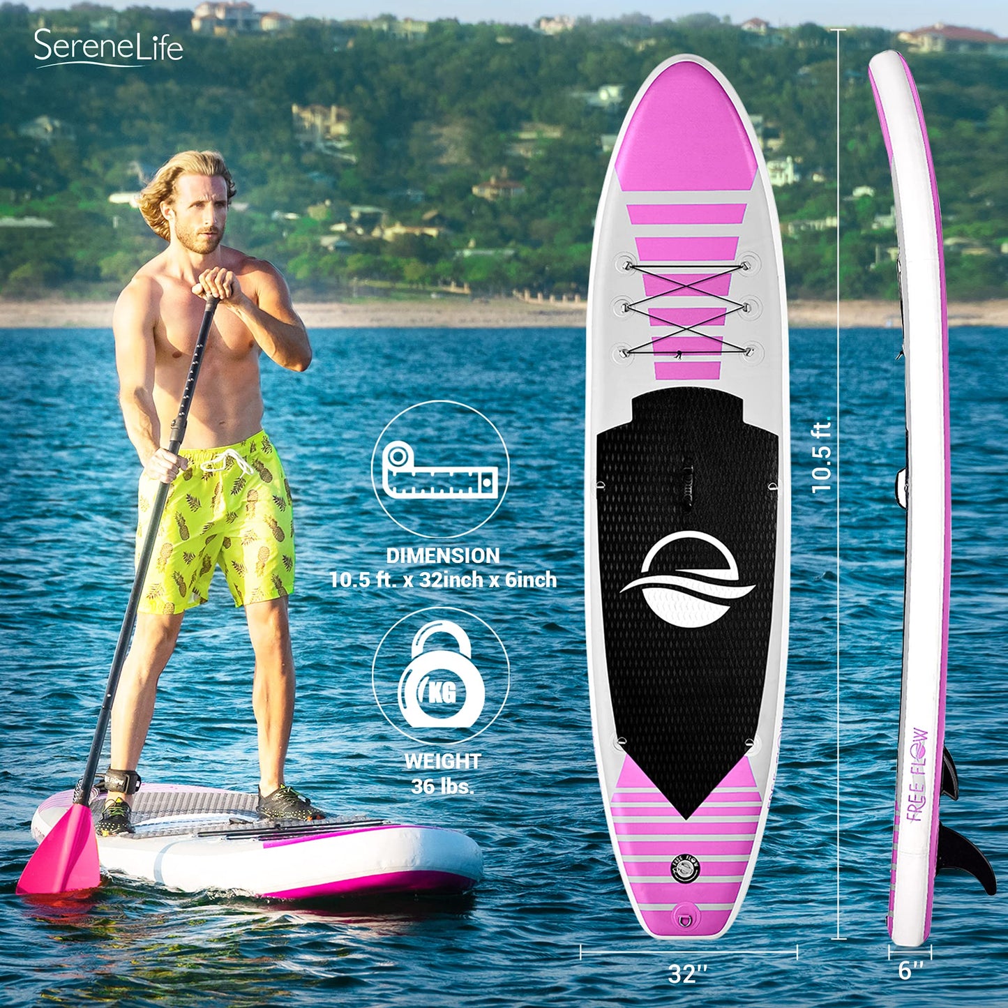 SereneLife Inflatable Stand Up Paddle Board (6" Thick) with Premium SUP Accessories & Carry Bag | Wide Stance, Bottom Fin for Paddling, Surf Control, Non-Slip Deck | Youth & Adult Standing Boat, Pink