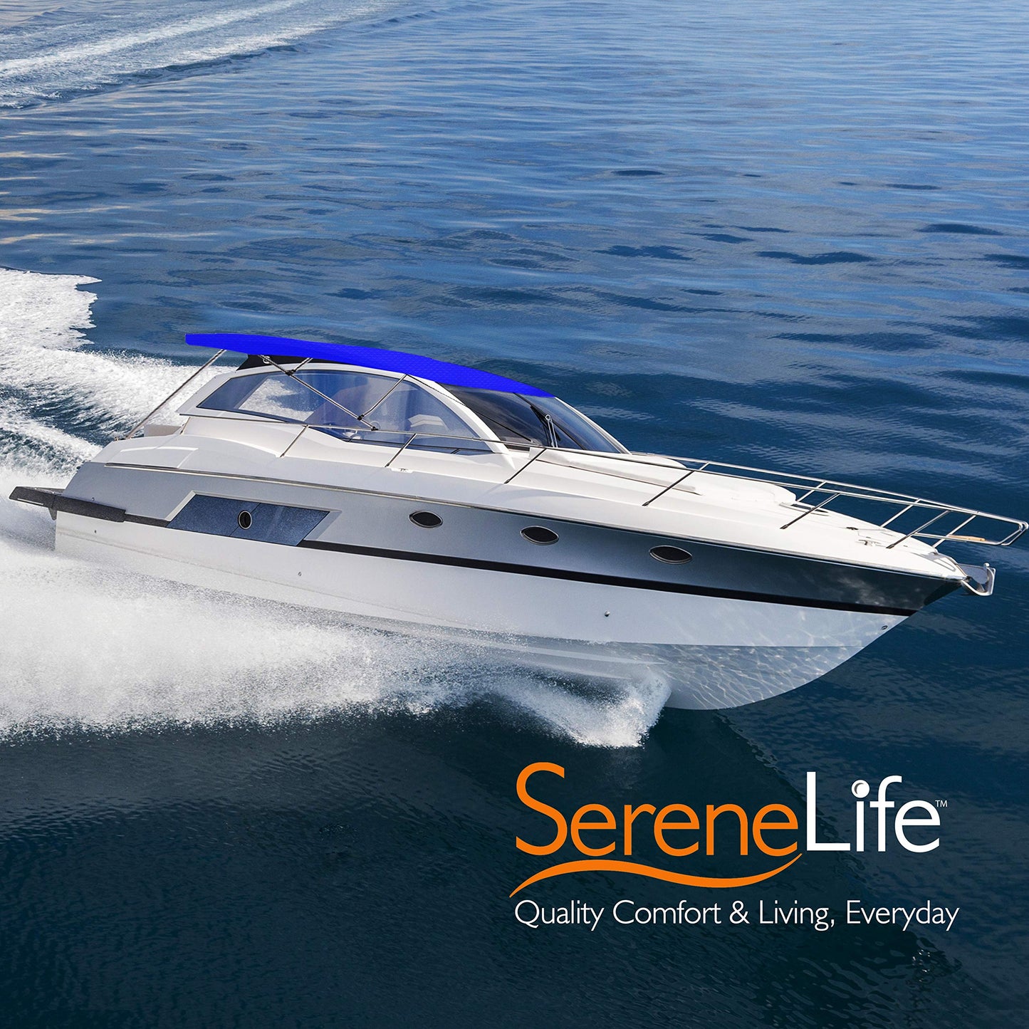 SereneLife 4 Bow Bimini Top Boat Cover – 96" L x 79-84" W x 54" H, Durable 1" Aluminum Frame, Waterproof & UV-Resistant, Easy Install with Front Straps, Rear Support Arms & Free Storage Boot (Blue)