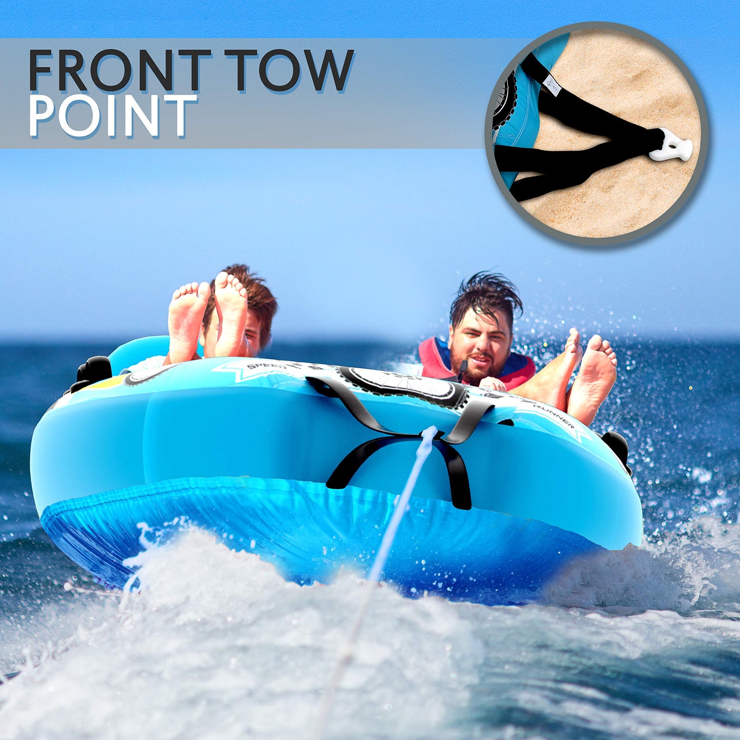 Serene Life Watersports Inflatable Towable Booster Tube - Two Person Water Boating Float Tow Raft, Inflatable Pull Boats/Tubes/Towables w/ Dual Seats, PVC Bladder, Foam Pad, Nylon Handles SLTOWBL10