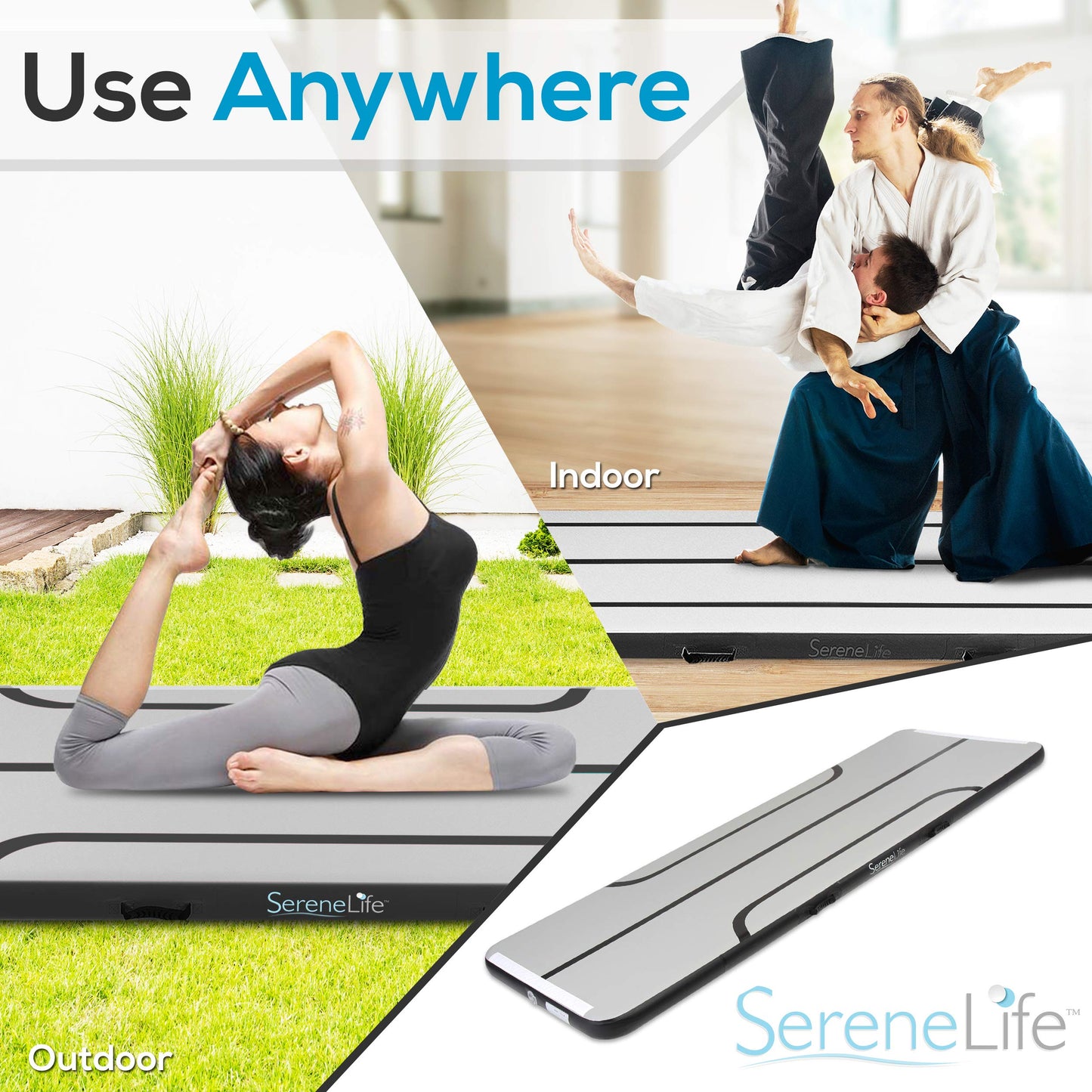 SereneLife Inflatable Air Tumbling Mat - 9.8 Ft Outdoor/Home Indoor Gymnastics Mat Air Tumbling Mat Track - Floor Tumble Track Mats For Gymnast, Yoga, Cheerleading - (Black)