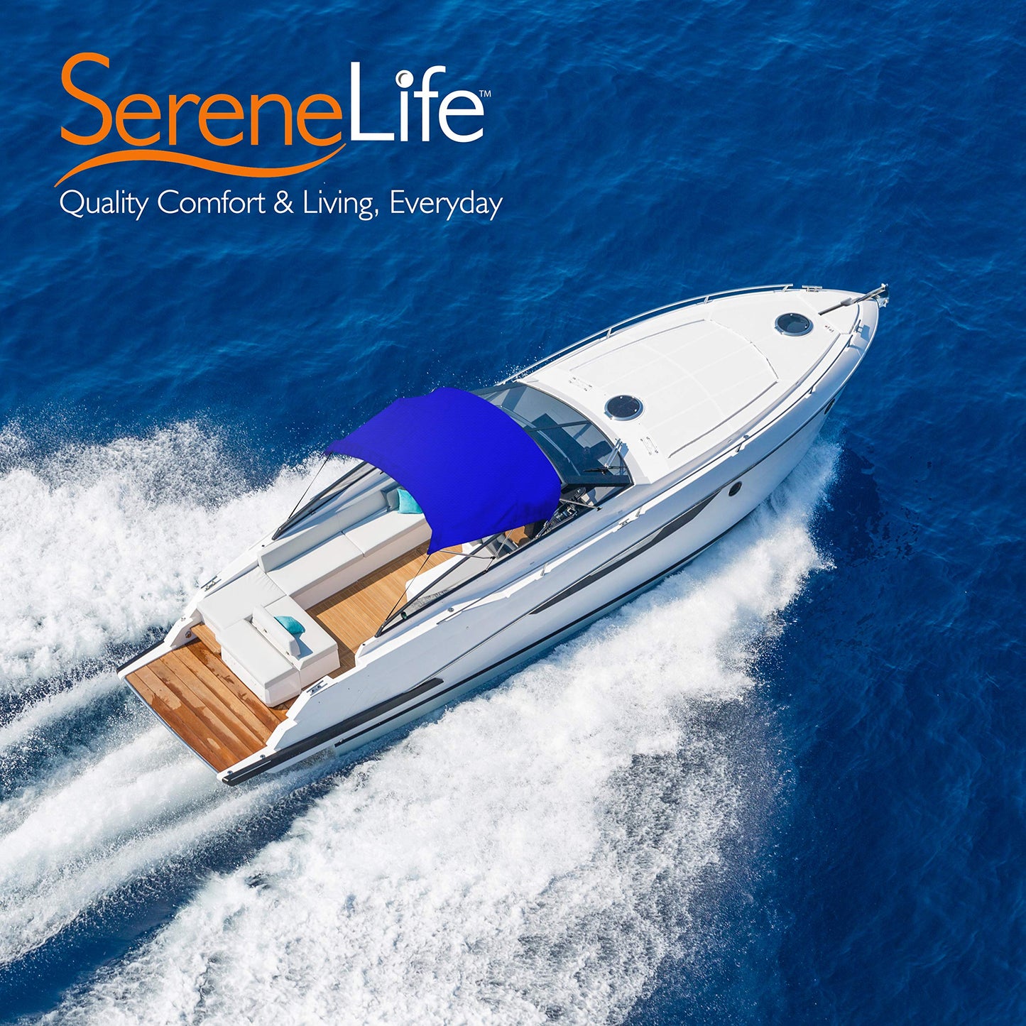 SereneLife 4 Bow Bimini Top Boat Cover – 96" L x 79-84" W x 54" H, Durable 1" Aluminum Frame, Waterproof & UV-Resistant, Easy Install with Front Straps, Rear Support Arms & Free Storage Boot (Blue)