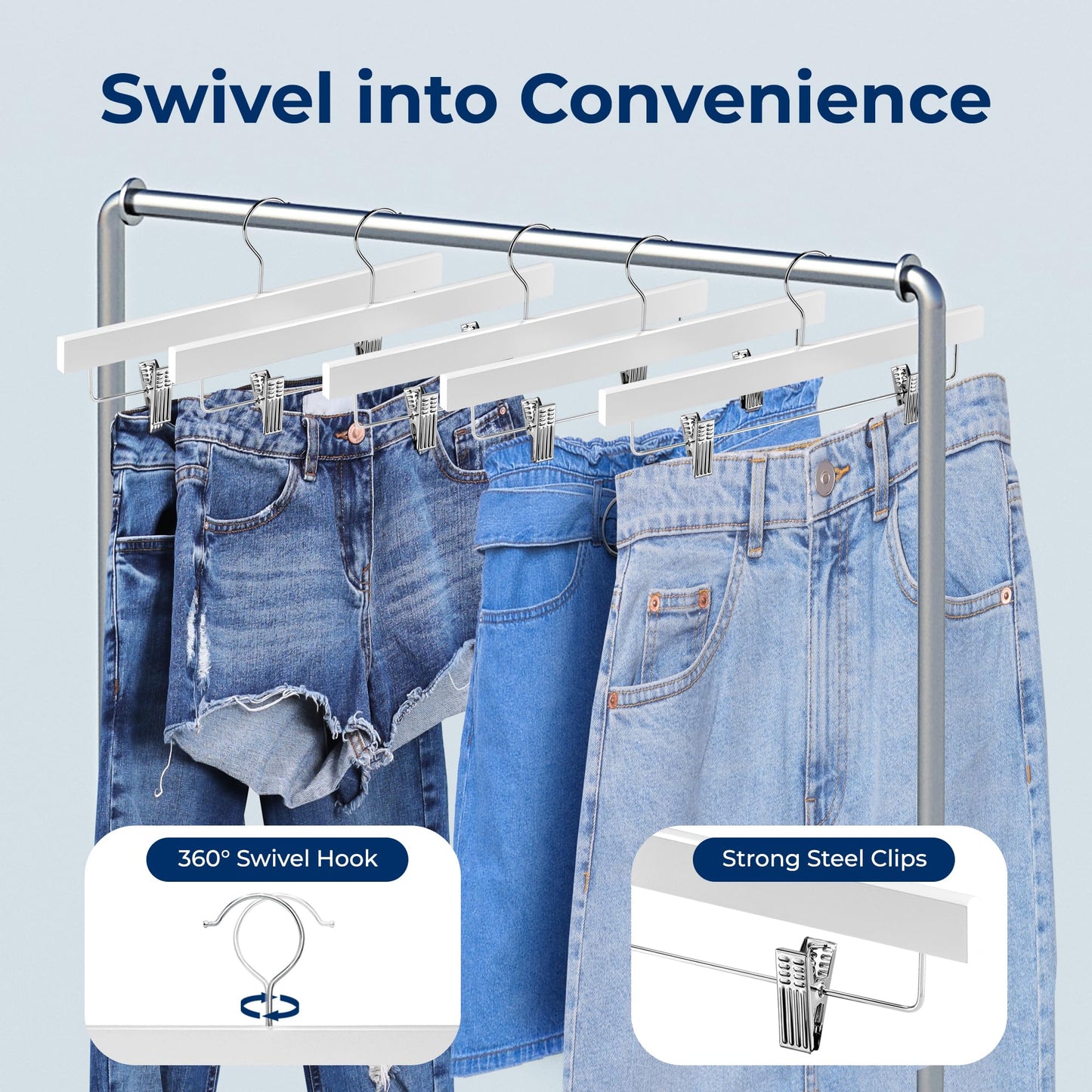 SereneLife 10 Pack Wooden Pants Hangers with Clips – Premium Heavy Duty Clothes Hangers for Jeans, Slacks, Skirts, Shorts, Uniforms – 360° Swivel Hook, Adjustable Clips, 13.97"x0.5"x6.69" (White)
