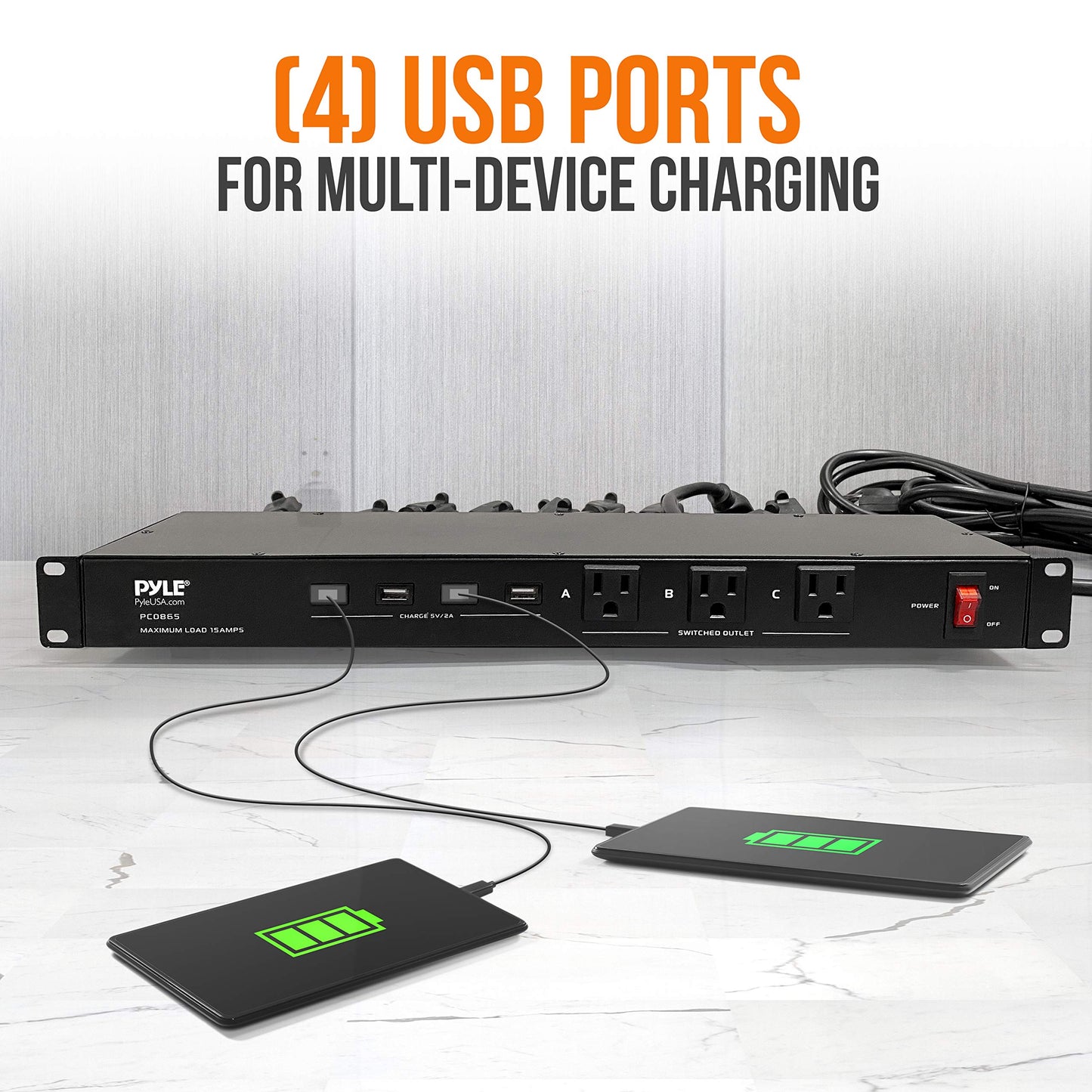 Pyle 19 Outlet 1U Rackmount Power Distribution Unit - Surge Protector - 15 Amp Circuit Breaker - 4 USB Ports - 15FT Cord - Power Supply for Servers, Audio Equipment, Home/Office Use - PCO865