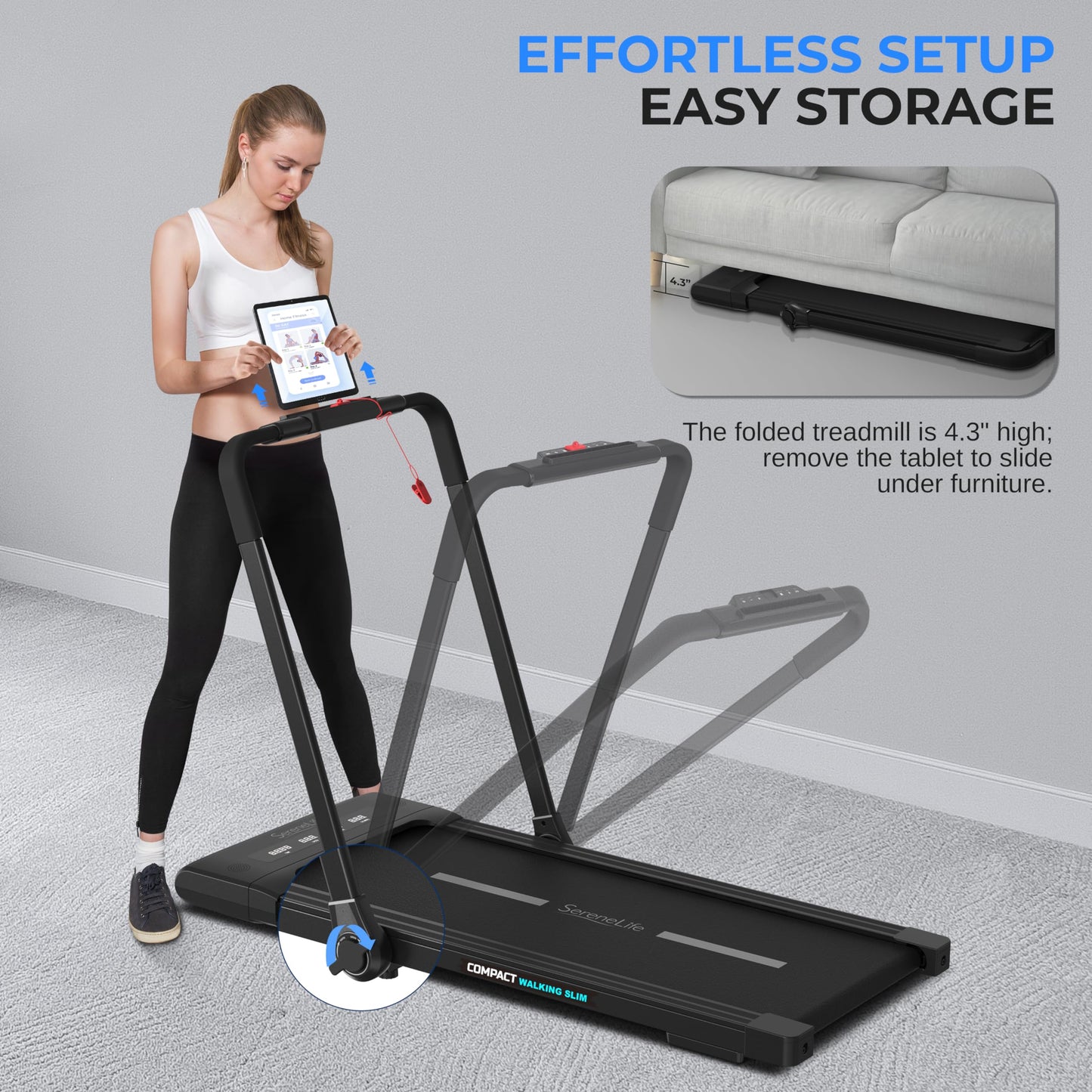 SereneLife Foldable 2 in1 Treadmill & Walking Pad with Remote Control, Speed 7.6 MPH Compact Under Bed, 2.5 HP, App Support, Easy Assembly and Storage, for Walking or Jogging, 265lbs Capacity
