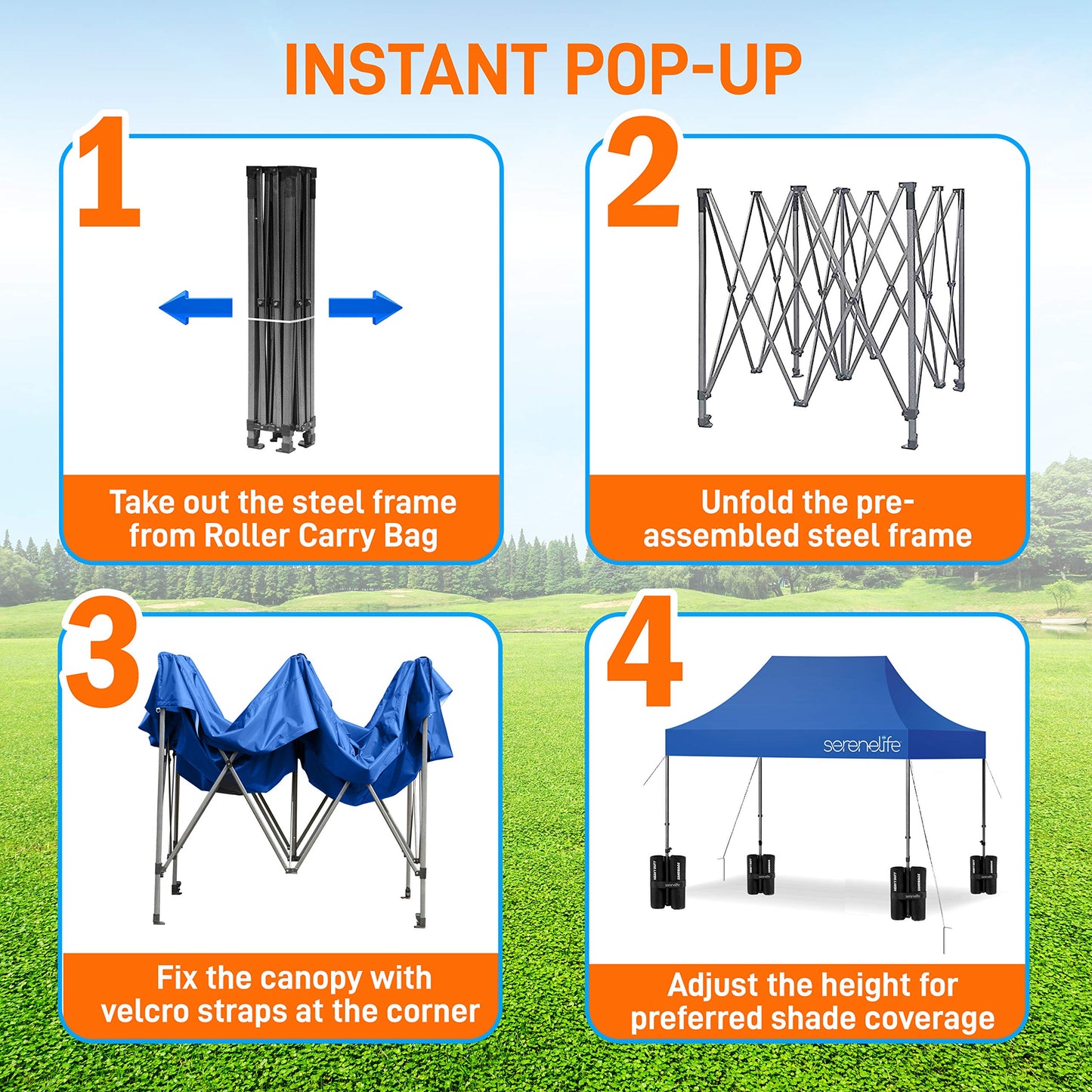 SereneLife Pop Up Canopy Tent 10x15 - Commercial Instant Shelter Foldable/Collapsible Sun Shade Canopy Pop Up Tent w/Waterproof Top, Portable Carry Bag & Sand Bag - SereneLife SLGZ15BU (Navy Blue)