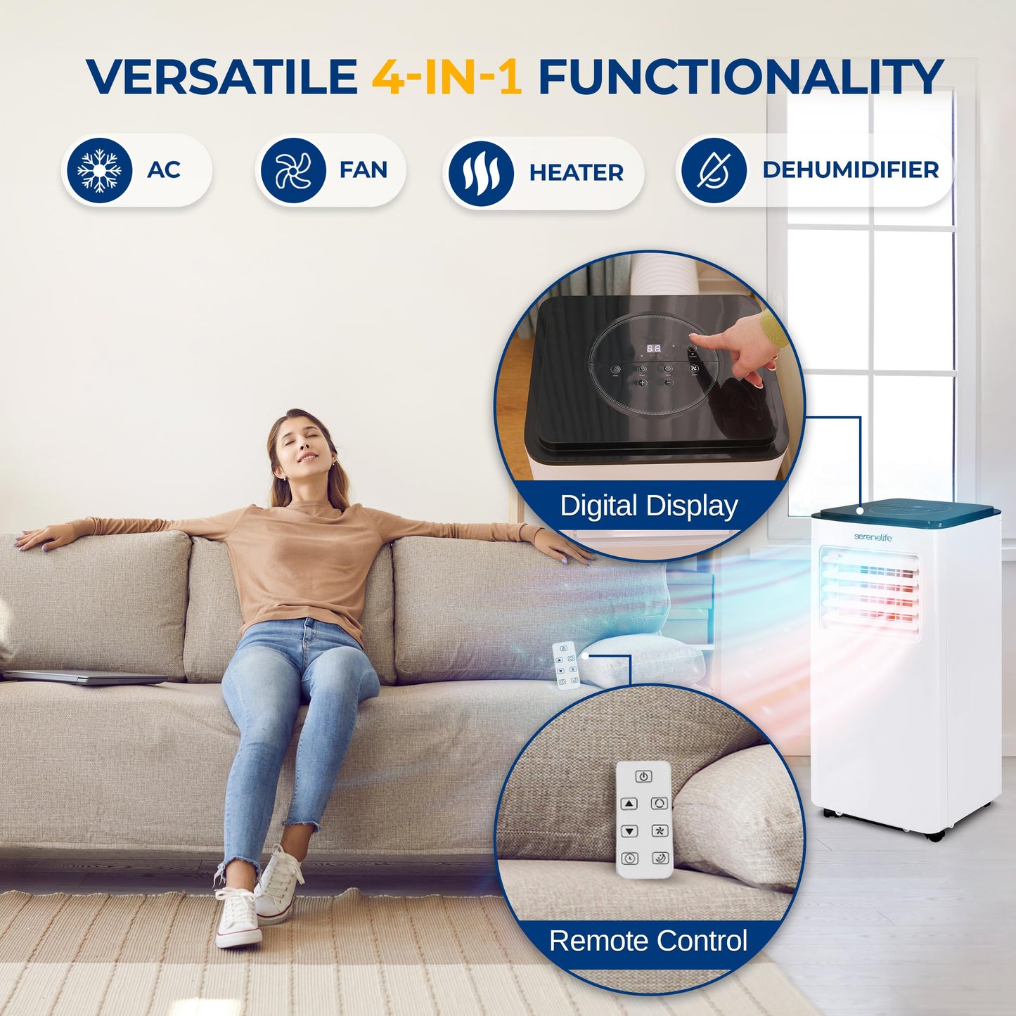 SereneLife 8000 BTU Portable Air Conditioner - 3-in-1 Compact Standing Air Conditioner for Room Up to 300 Sq. Ft. - Floor AC Unit with Remote Control - Universal Casters, Window Mount Kit