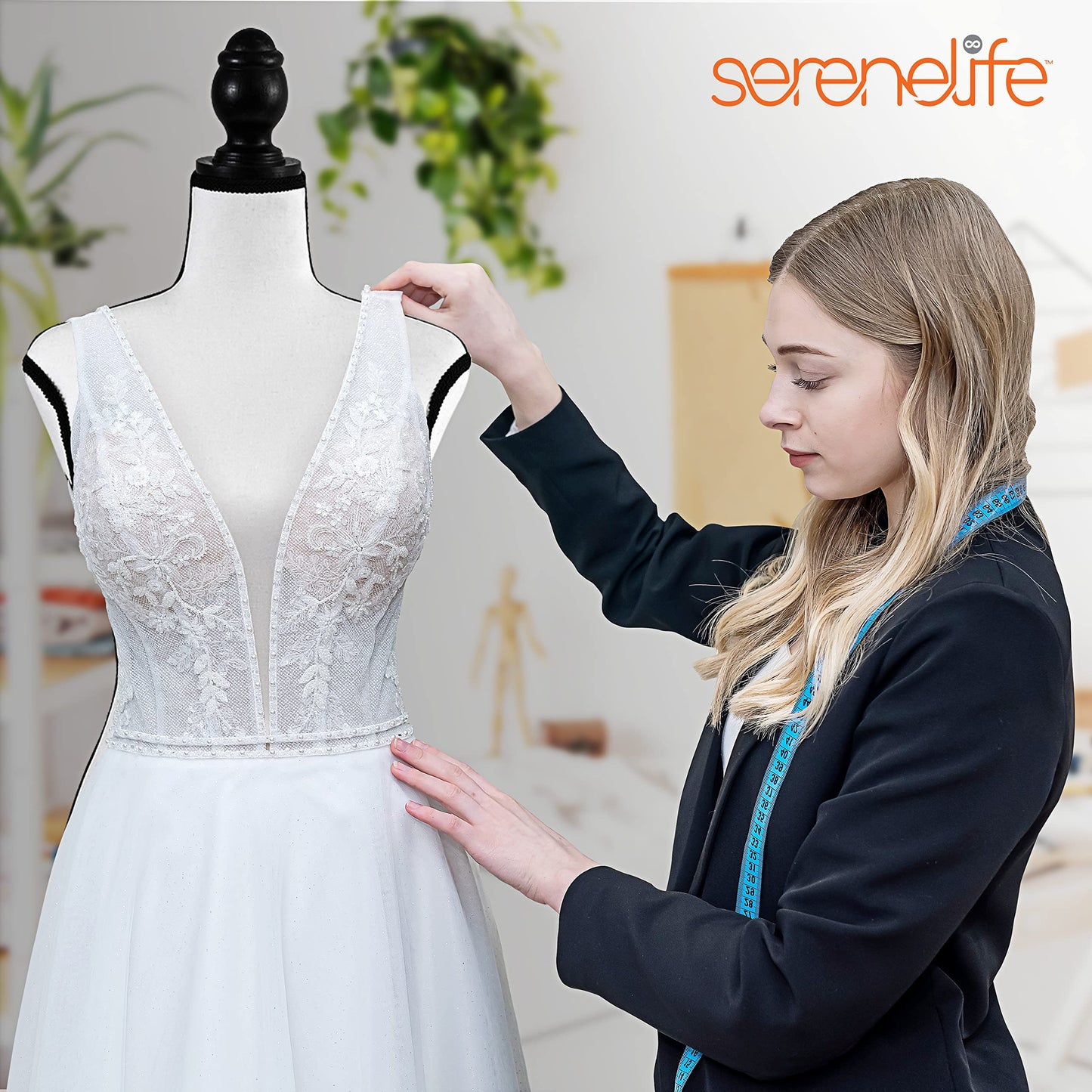 SereneLife White Female Dress Form Mannequin with Adjustable Height (52"–64") – Lightweight Foam Torso for Sewing, Boutique Clothing Display, Jewelry Draping – Stable Tripod Pinewood Stand