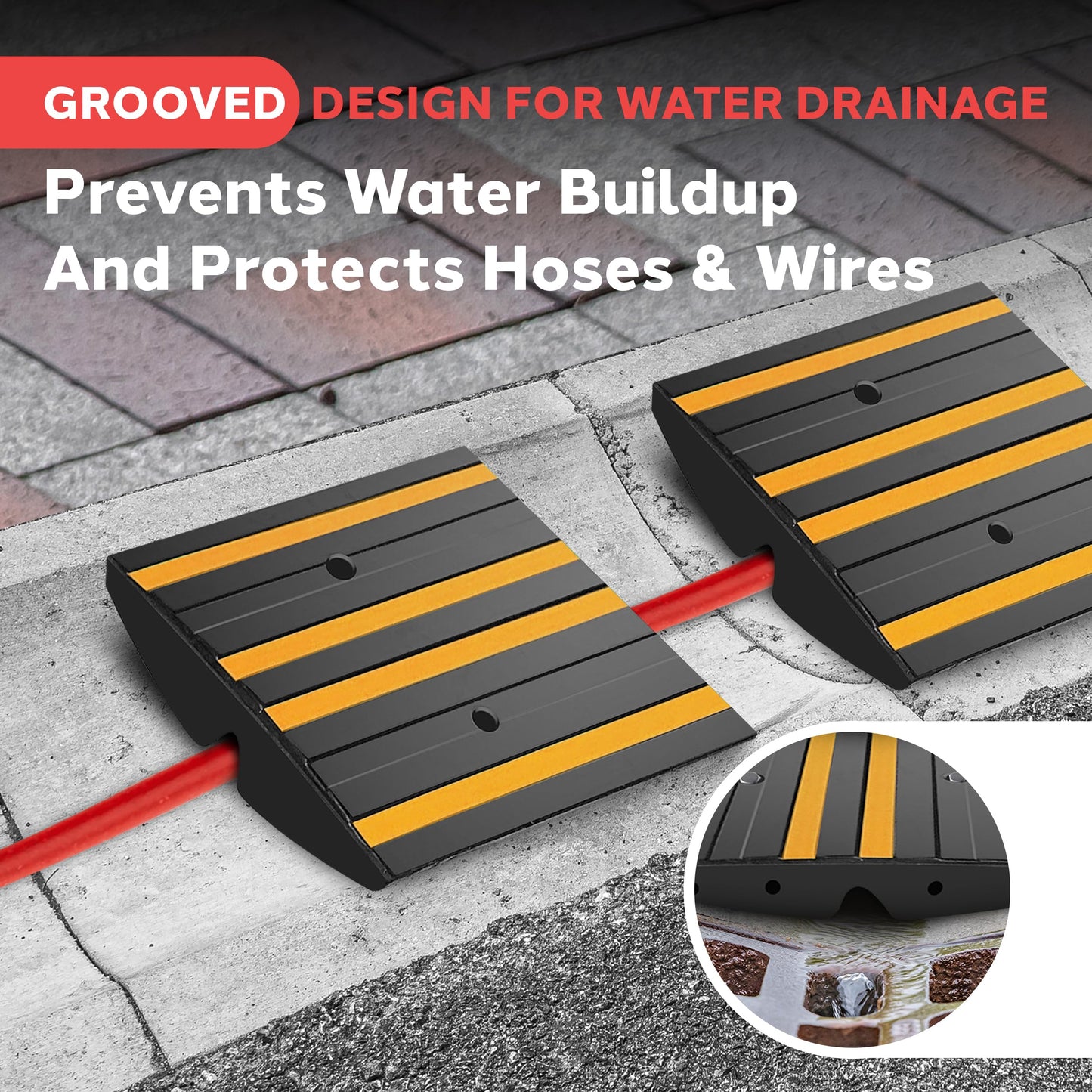 Pyle 1 Ft. Rubber Curb Ramp - Pack of 2 Heavy Duty Non-Slip Threshold Ramps for Driveways & Sidewalks, Yellow Reflective Strips, Marine Grade, Expansion Screws Included, 12.0’’x 16.0’’ x 2.6’’ Inches