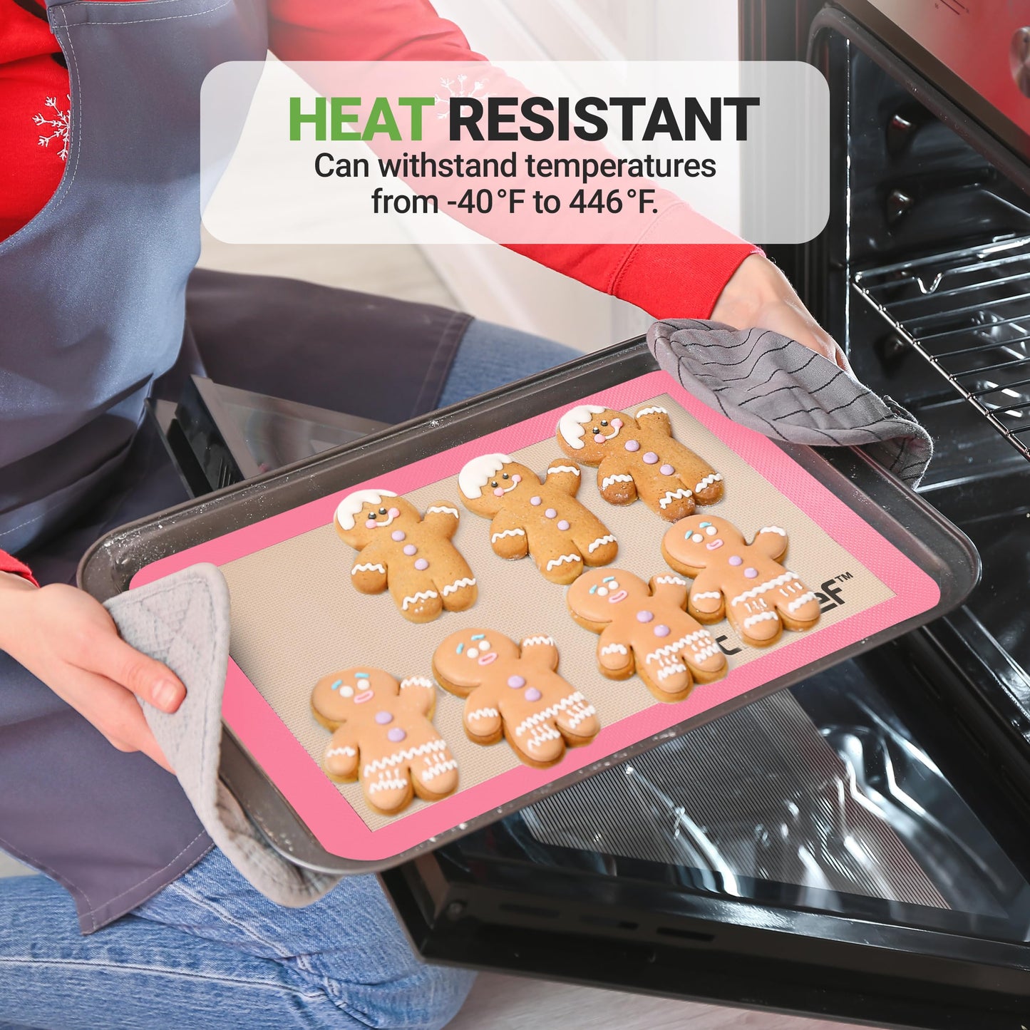 Nutrichef Silicone Baking Mats - 2 Non-stick Food-Grade Reusable Silicone Mats - Perfect for Half Baking Pans 16.5 x 11.6 IN - Oven-Safe Up to 480 Degrees F - Safe for Ovens & Dishwashers - Pink