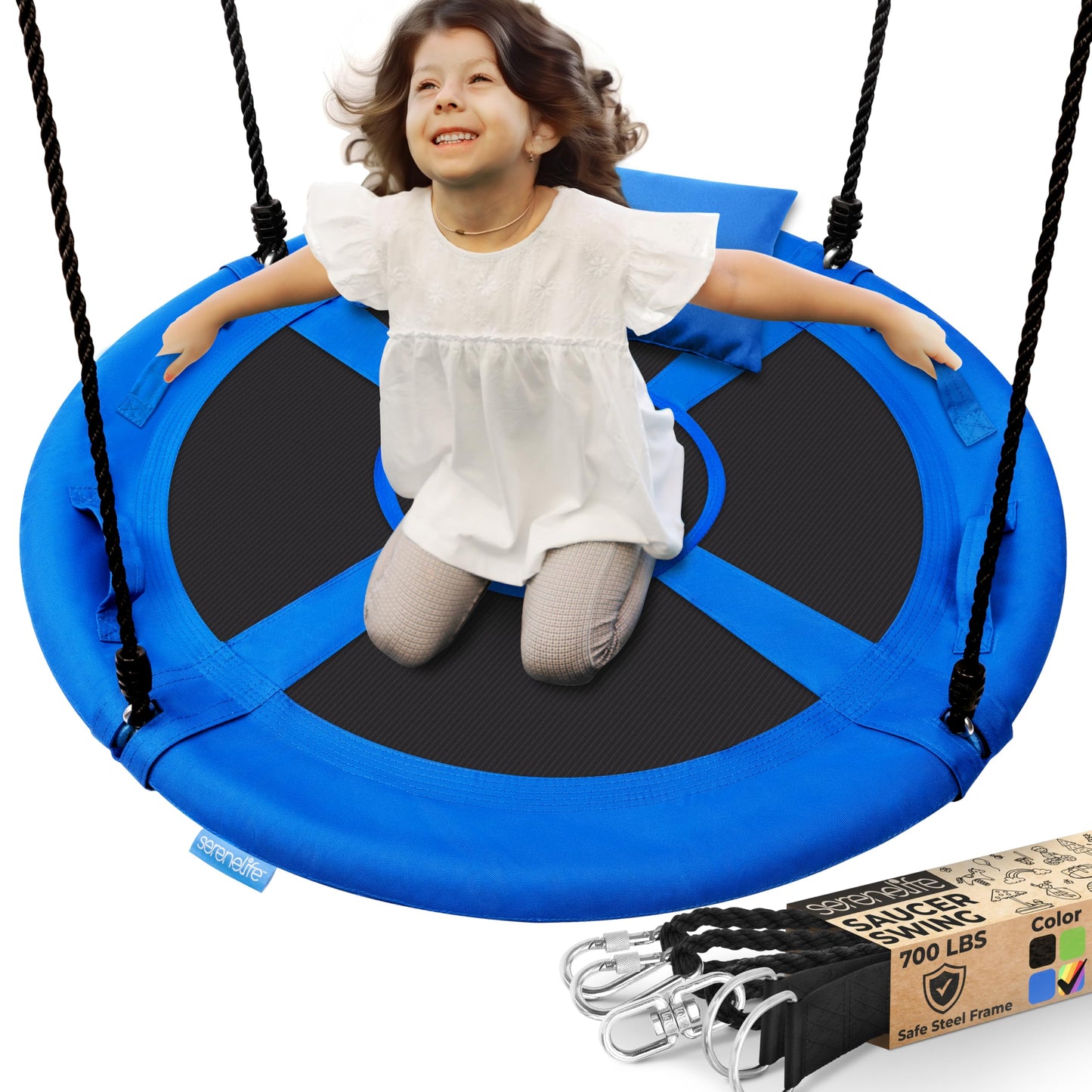 SereneLife 40" Saucer Swing - Outdoor Swing Set with Universal Hanging Kit, Swinging Seat Spinner with Pillow & Carry Bag, Weatherproof, Water-Resistant, Supports Up to 700 lbs, Blue