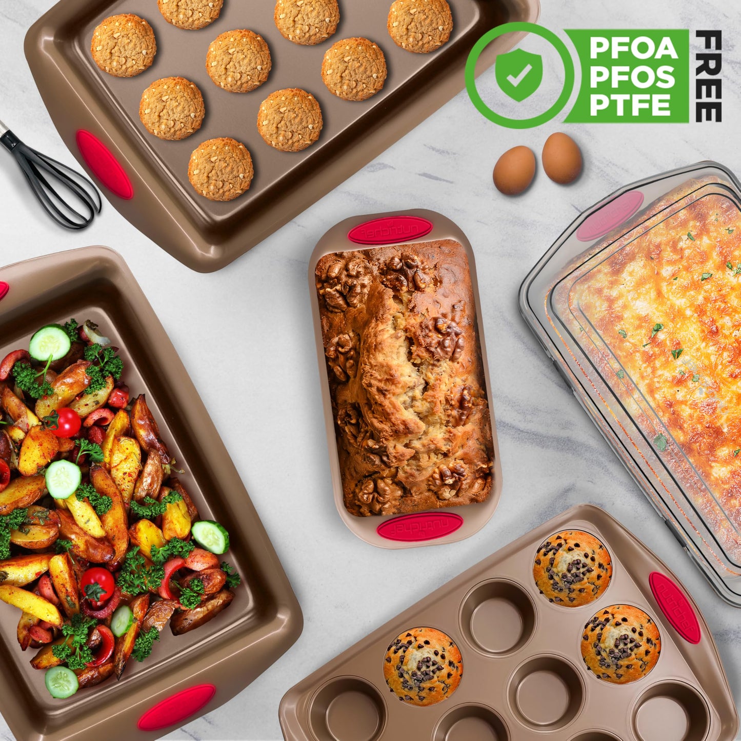 NutriChef 6-Piece Nonstick Baking Pan Set - Premium Steel Bakeware w/Silicone Handles - Includes 2 Baking Sheets, 12-Cup Muffin, Loaf, & Roaster Pan w/BPA-Free Lid - Easy to Clean, Gold