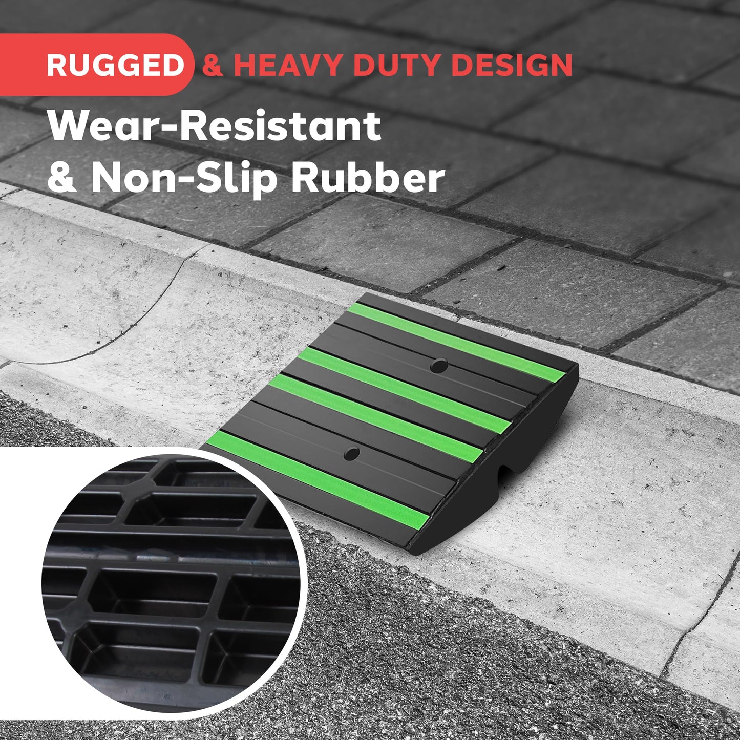 Pyle 1 Ft. Rubber Threshold Curb Ramp with Green Reflective Strips, Expansion Screws for Driveways, Car & Vehicle Use, Single Wear-Resistant Non-Slip Rubber Ramp, 12.0’’ x 16.0’’ x 2.6’’ Inches