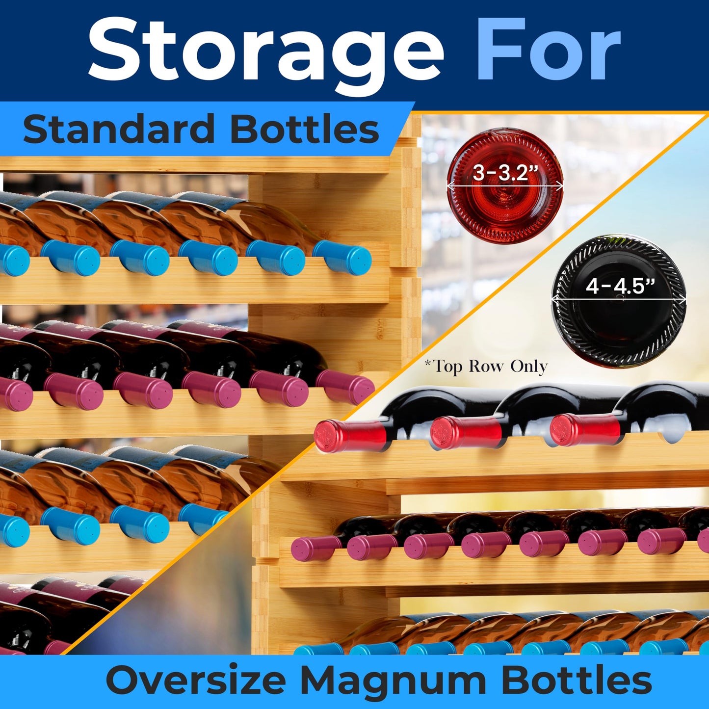 NutriChef Bamboo Stackable Wine Rack, 12-Tier 108 Bottle Capacity Free Standing Floor, No Tools Assembly, Modular Storage Display Shelf for Kitchen and Cellar 33.5" x 10" x 62.75"
