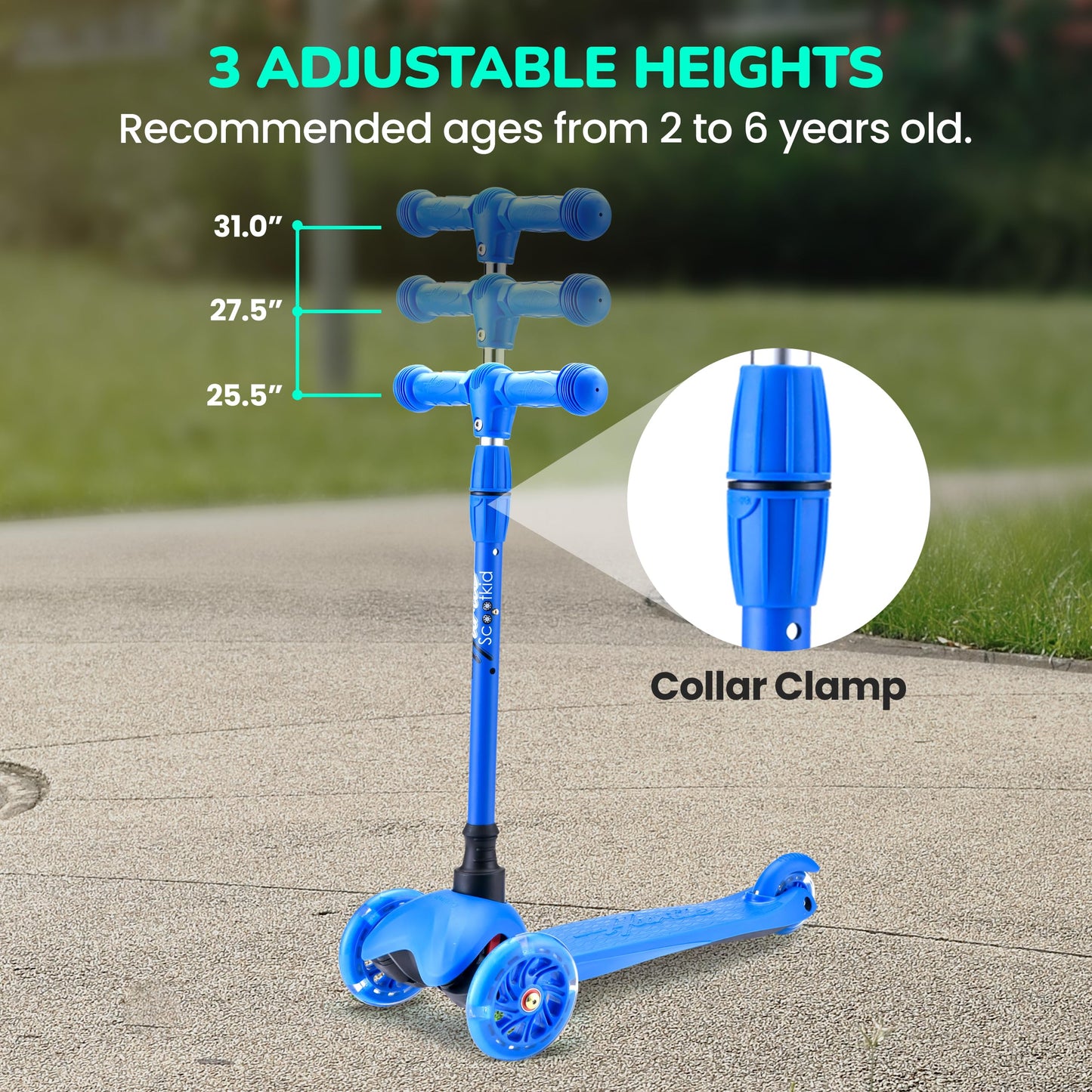 Hurtle Mini Kickboard Scooter for Kids - Height Adjustable 25''-28'', Lightweight 3-Wheel with LED Light-up Wheels, Anti-Slip, Indoor/Outdoor Fun, for Ages 2-5 (Blue)