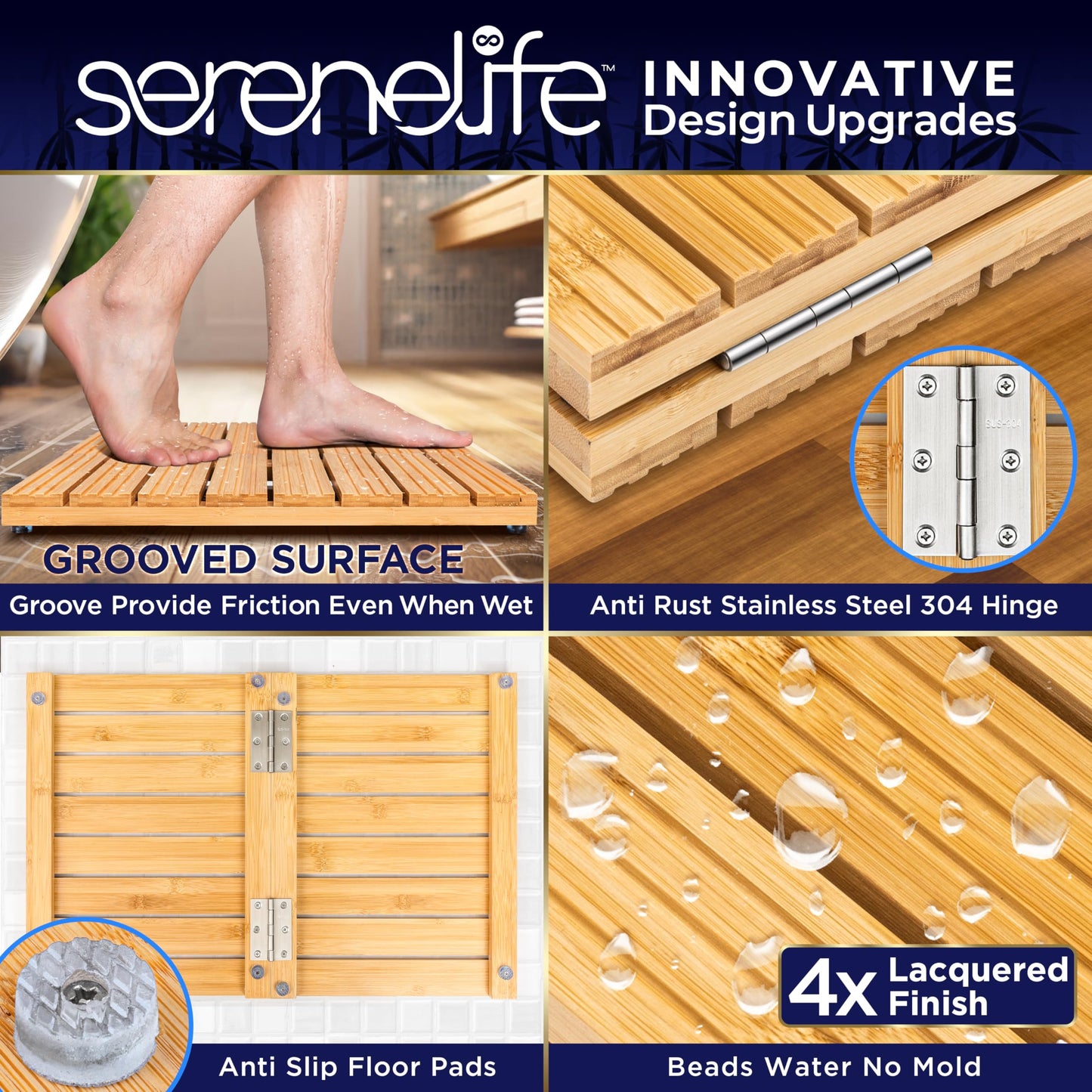 SereneLife Foldable Bamboo Bath and Shower Mat, Non-Slip Floor Mat for Bathroom, Sauna, Spa - Dual Non-Slip Surfaces, Withstands up to 300lbs Weight, Easy Storage - Natural