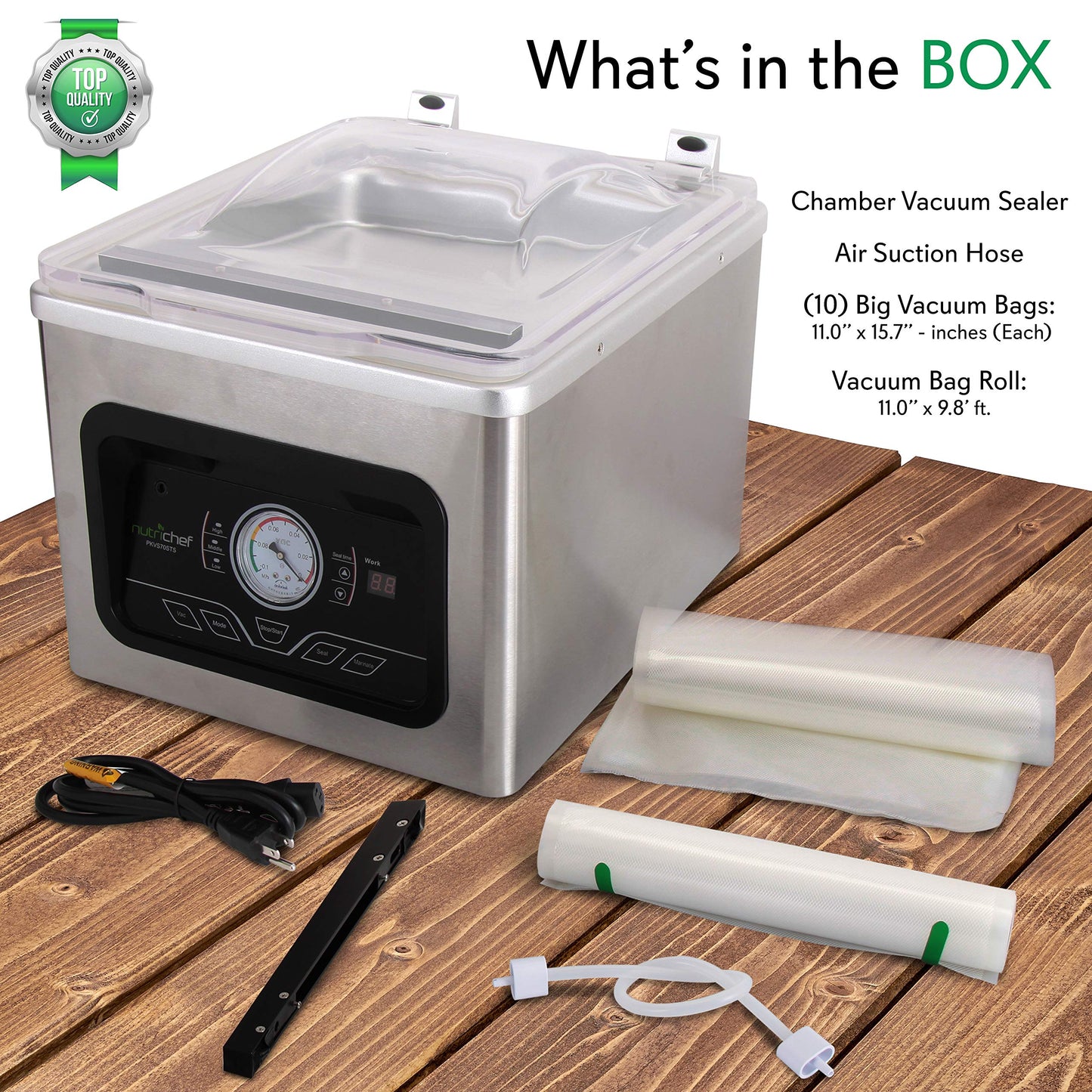 NutriChef Food Saver Vacuum Sealer Machine-Compact 350W Sous Vide Vacuum Sealer with 8L Chamber-Airtight Food Storage System for Home & Commercial Use, Includes Vacuum Sealer Bags, Rolls & Accessories