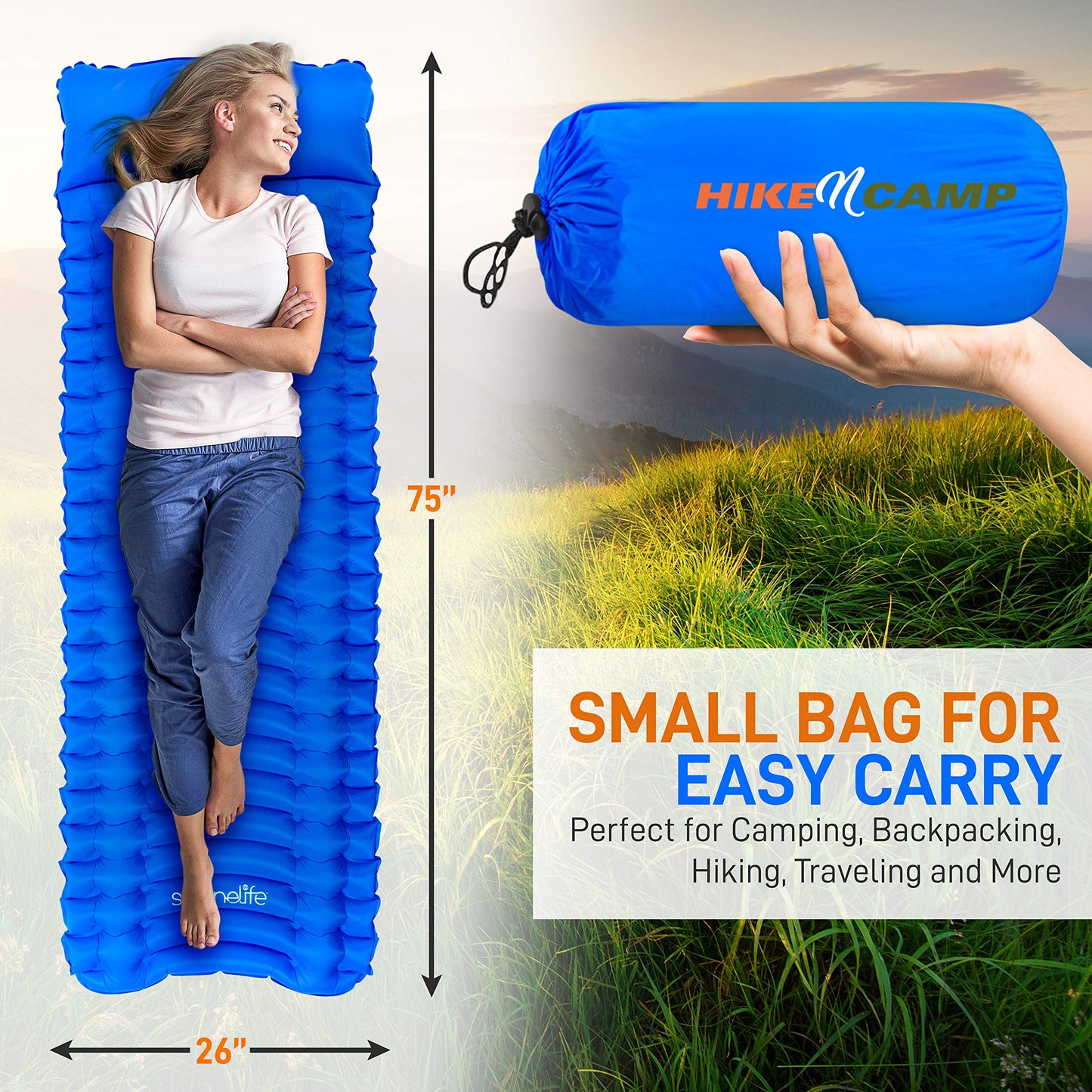 SereneLife Sleeping Pad for Camping - Compact Sleeping Mat with Quick-Inflating, Lightweight, and Tear-Resistant Backpacking Air Mattress with Carrying Bag for Camping, Backpacking, Hiking
