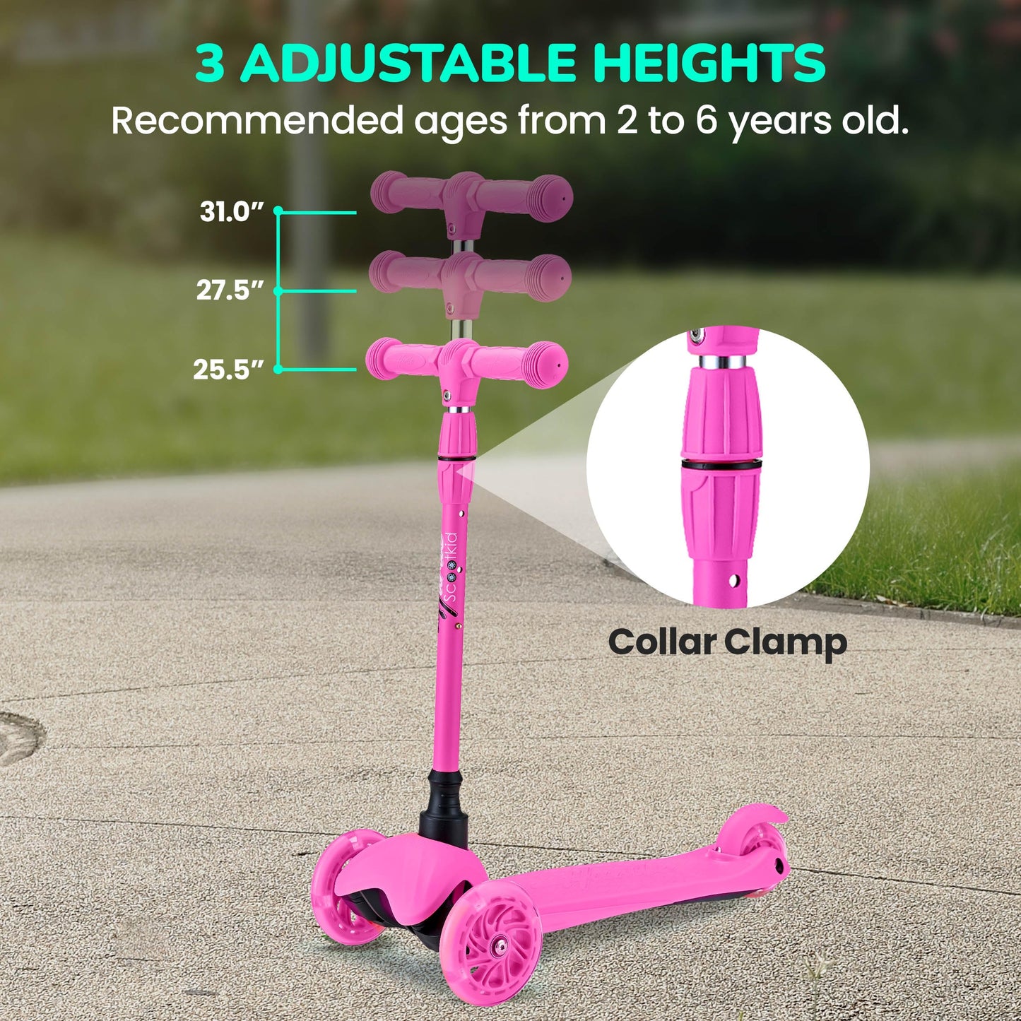 Hurtle Mini Kickboard Scooter for Kids – Height Adjustable 25-28 Inches, 3-Wheel Toddler Micro Scooter with LED Light-up Wheels, Lightweight Riding Toy, Non-Slip, Indoor/Outdoor Fun, Ages 2-5 (Pink)
