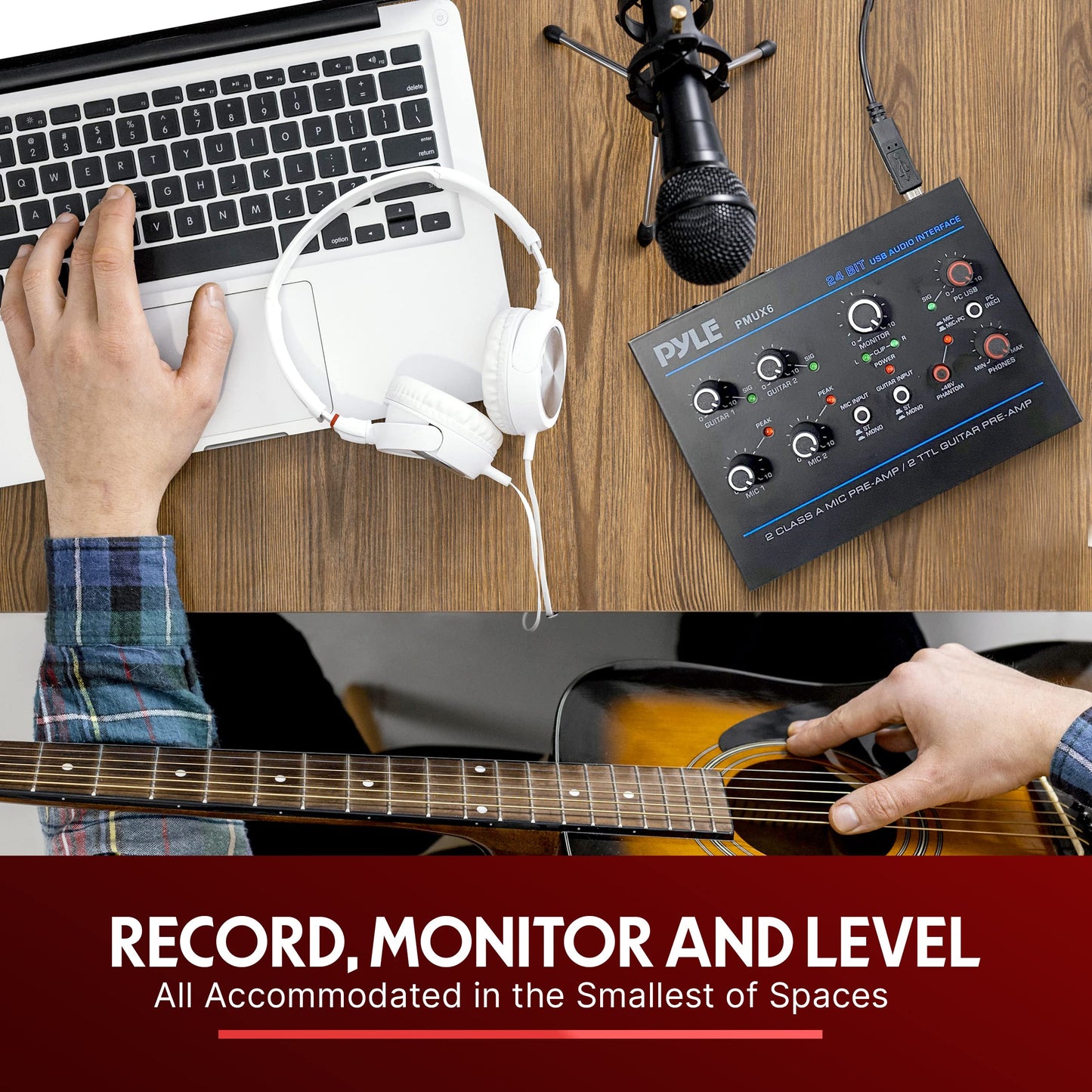 Pyle Professional USB Audio Interface - MIC/Guitar/AUX Stereo Inputs - Phone & Monitor Outputs - 48V Phantom Power - Ultra Low Noise - Compact Rugged Design - Ideal for PC Playing & Recording - PMUX6