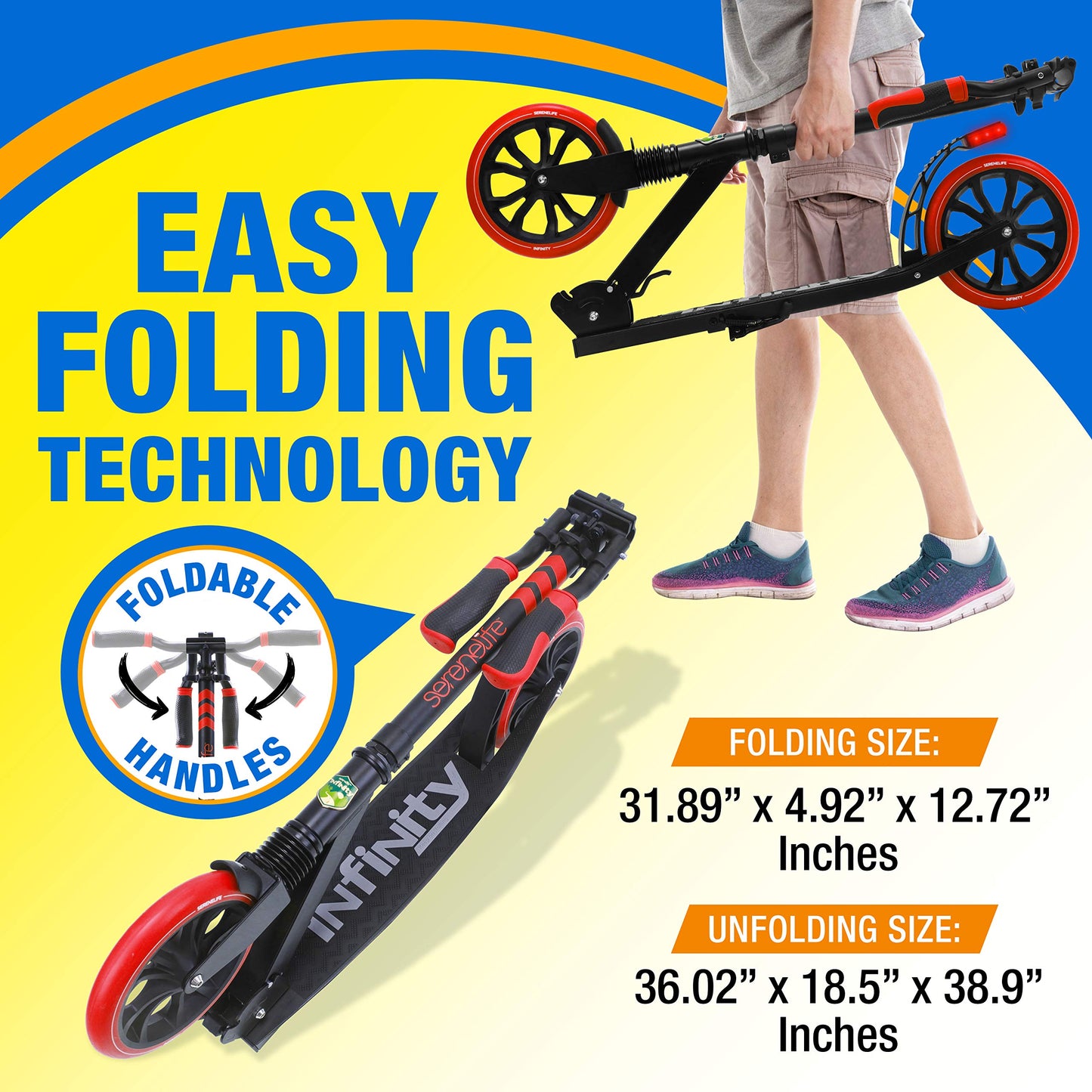 SereneLife Foldable Kick Scooter - Stand Kick Scooter for Teens & Adults with Rubber Grip at Tip, Alloy Deck, Adjustable T-Bar Handlebar Height, Smooth Gliding Wheels, Easy Maneuvering (Red & Black)
