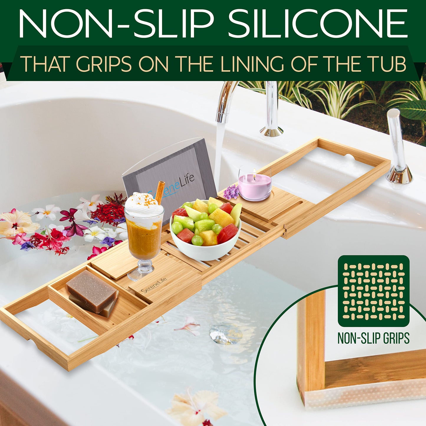 SereneLife Luxury Bamboo Bathtub Caddy Tray - Adjustable Natural Wood Bath Tub Organizer with Wine Holder, Cup Placement, Soap Dish, Book Space & Phone Slot for Spa, Bathroom & Shower - SLBCAD20