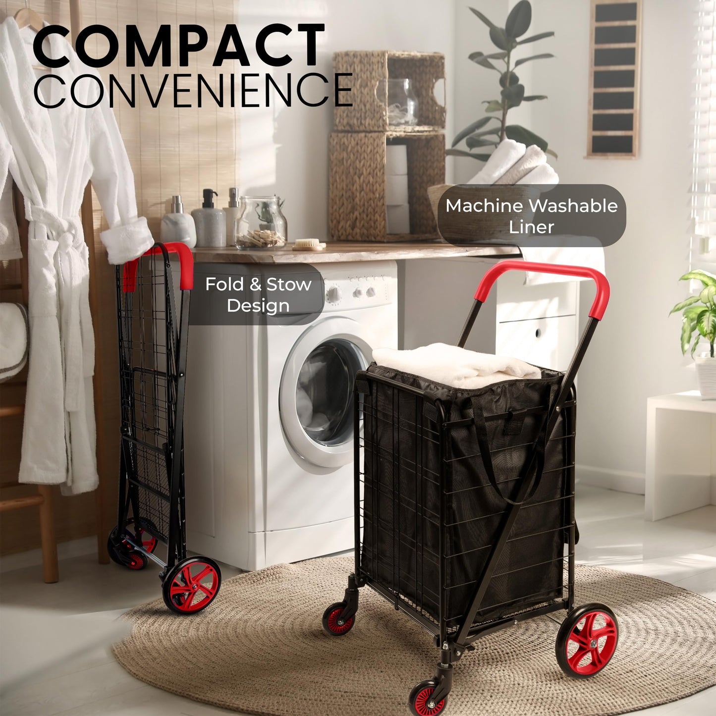 SereneLife Small Compact Folding Shopping Cart with Removable Waterproof Liner – 360° Swivel Wheels, Rust‑Proof Steel Frame, 70 lb Capacity – Portable Grocery, Laundry & Travel Cart (Red)