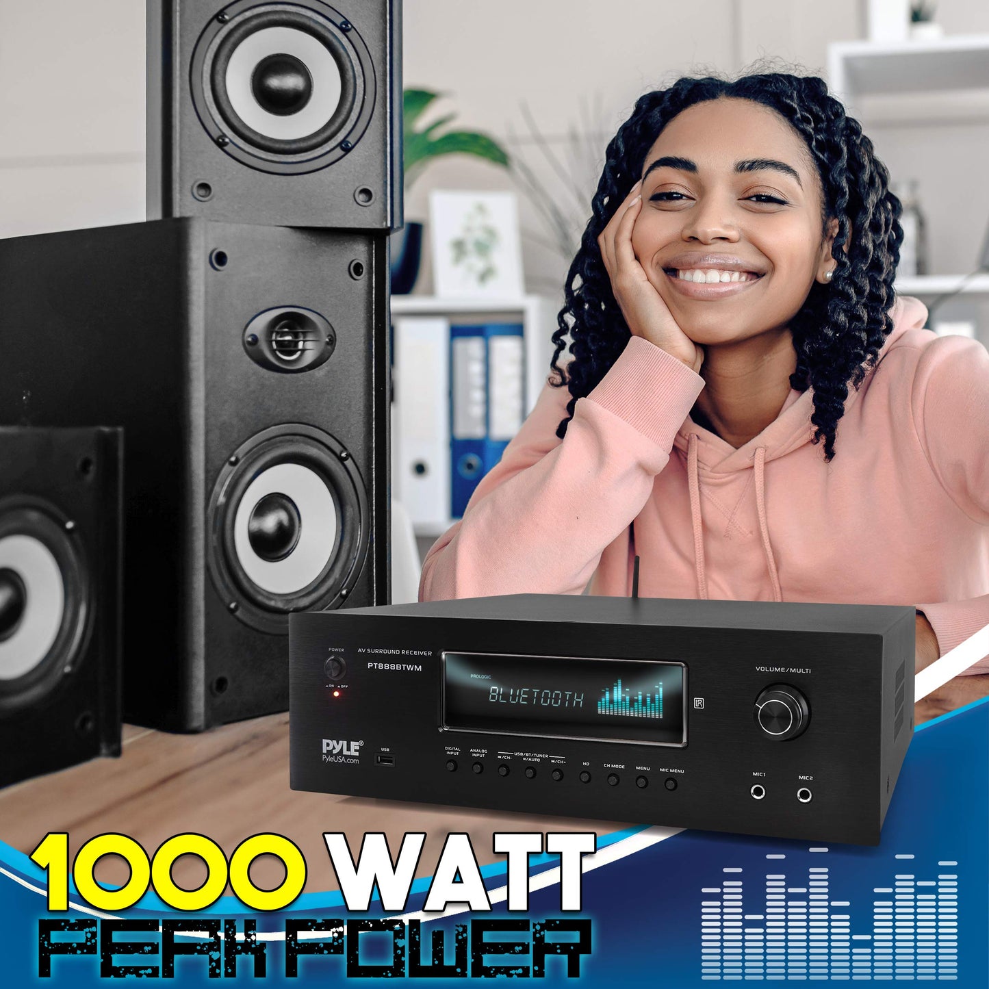 Pyle 1000W 5.2 Channel Home Theater Receiver - Bluetooth 5.0 - Amp w/ 2 UHF Wireless Mics - 4K UHD/3D/Blu-ray Pass-Through - MP3/USB/HDMI/AM/FM Radio - DSP EQ - Mic Echo & Volume Controls - PT888BTWM