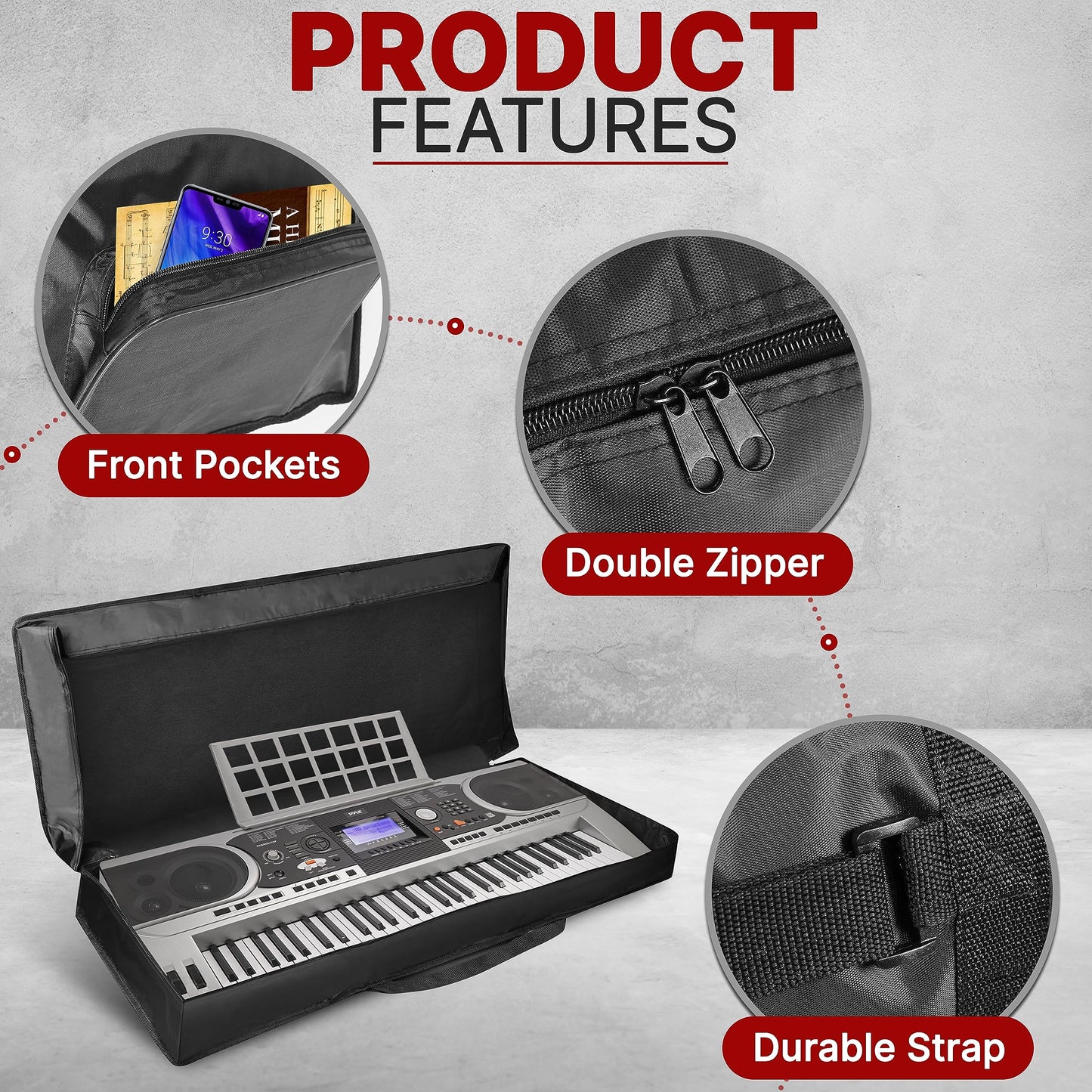 Pyle Keyboard Case, 61 Key Carrying Case Bag for Piano Keyboards, Protects and Covers Portable Digital Keyboard Water Resistant, Used for Models PKBRD6139BT, PKBRD6151PB, and PKBRD6175P