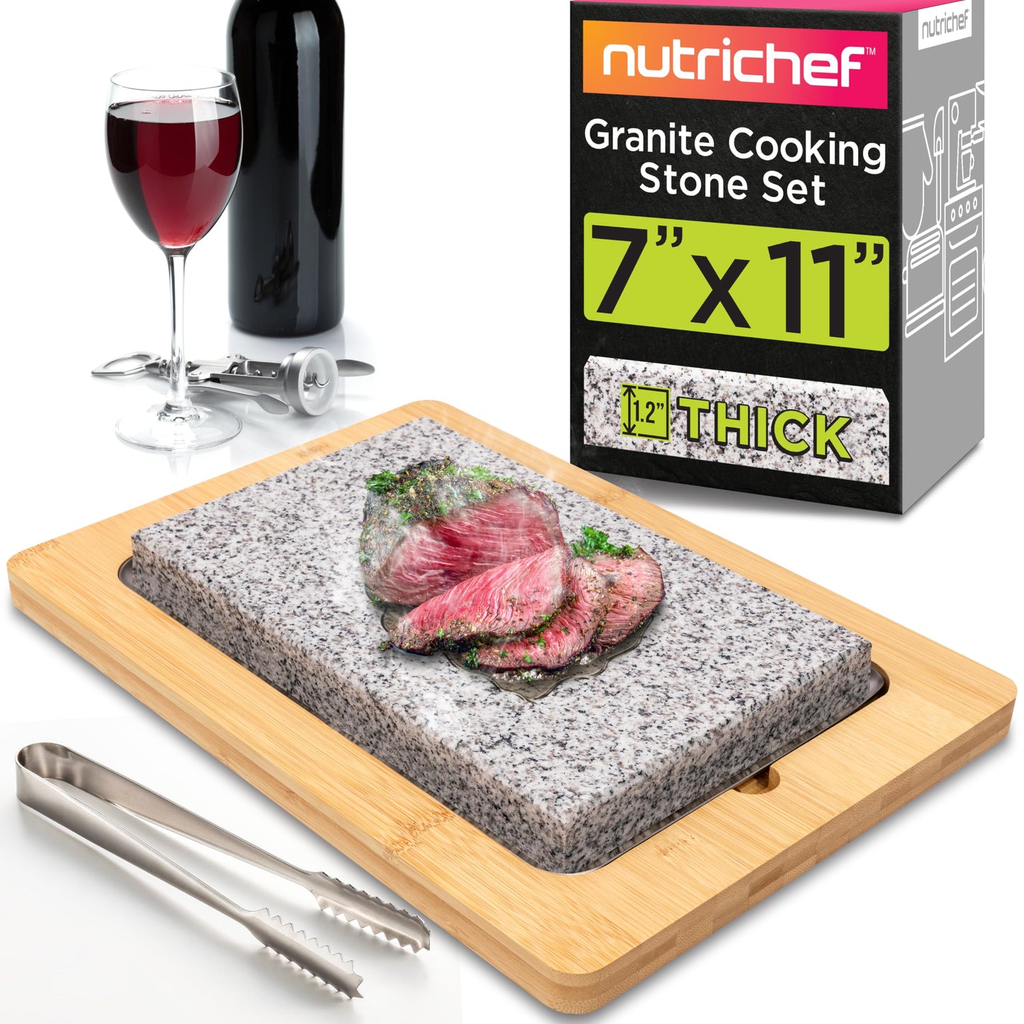 NutriChef Sizzle Hot Cooking Stone Grill with Bamboo Platter, Tabletop Granite Stone Grill with Non-Slip Handles, Adjustable Temperature Control, 550°F Max Heat - Perfect for Meats and Vegetables