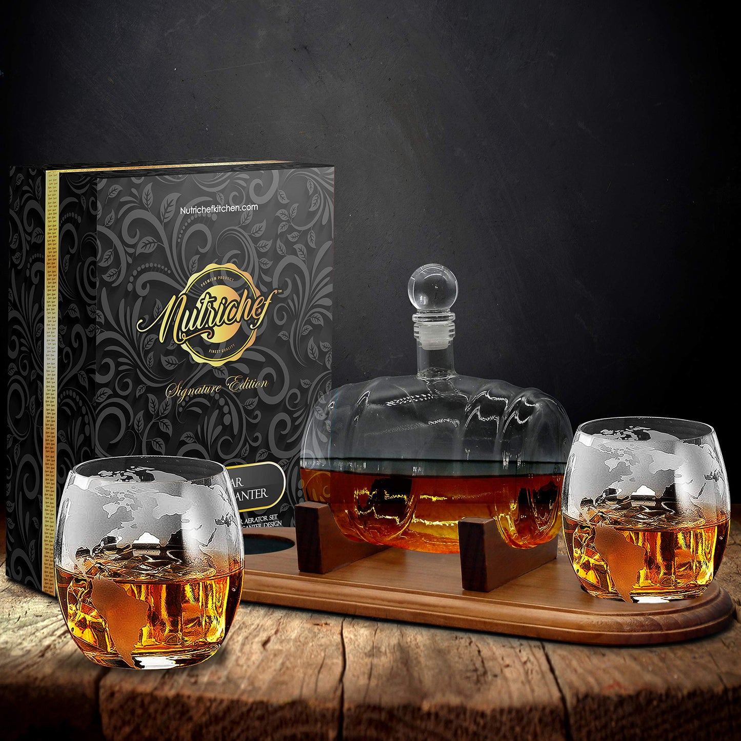 NutriChef Glass Whiskey Decanter - 750ml Barrel Whiskey Carafe Alcohol Decanter Set with Glasses, Liquor Decanter w/ Stopper & Base, For Brandy Wine Cognac Rum Gin Scotch Bourbon - NCGDS19