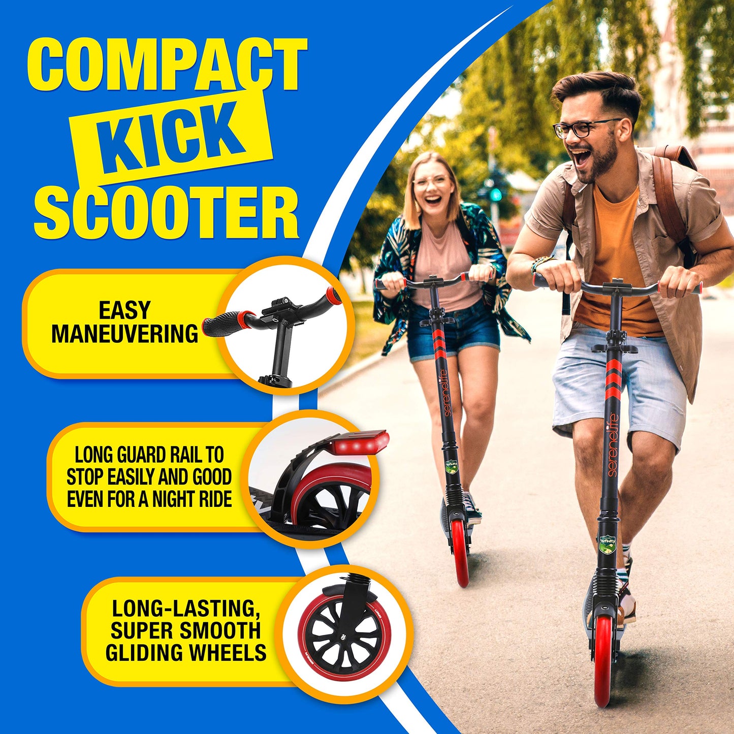 SereneLife Foldable Kick Scooter - Stand Kick Scooter for Teens & Adults with Rubber Grip at Tip, Alloy Deck, Adjustable T-Bar Handlebar Height, Smooth Gliding Wheels, Easy Maneuvering (Red & Black)