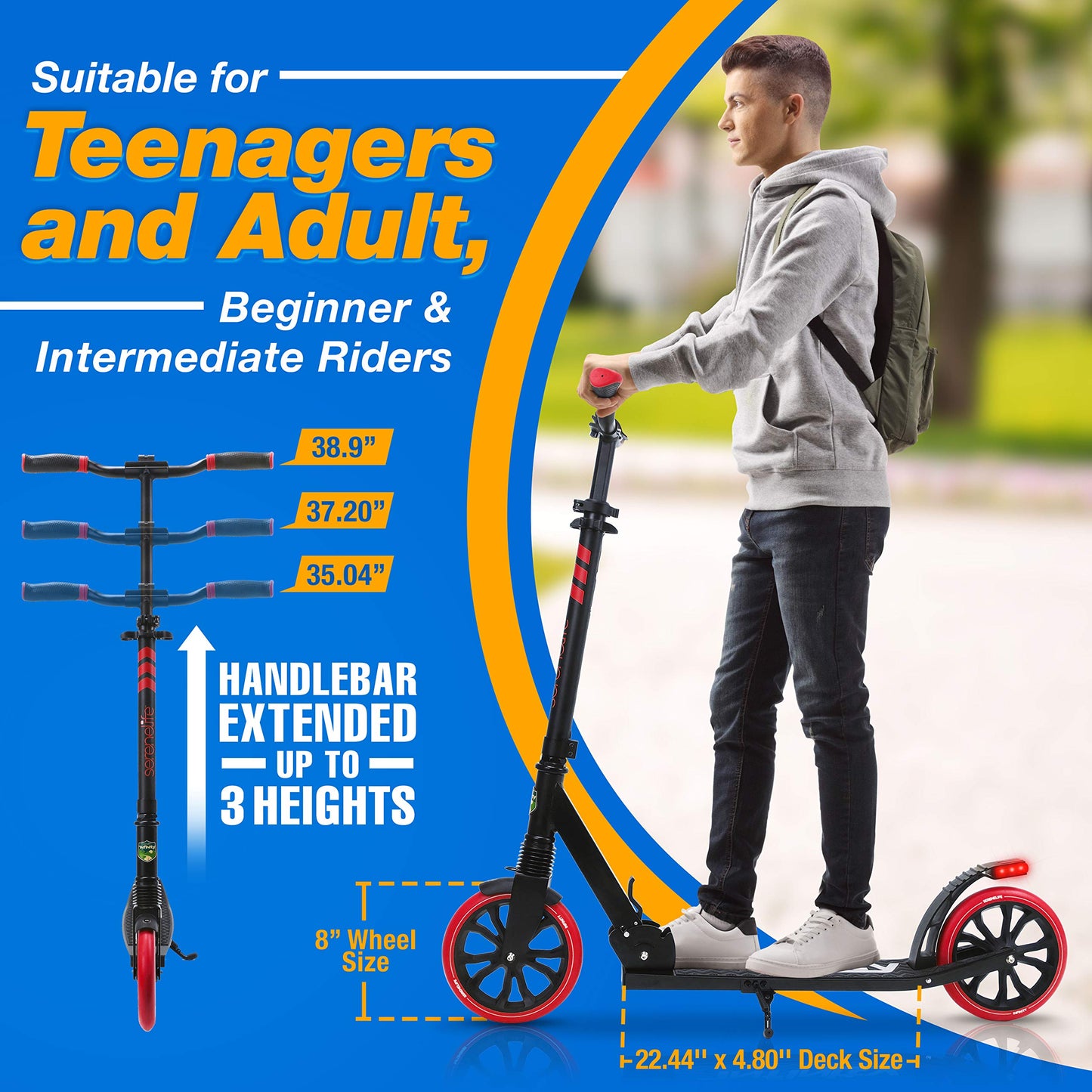 SereneLife Foldable Kick Scooter - Stand Kick Scooter for Teens & Adults with Rubber Grip at Tip, Alloy Deck, Adjustable T-Bar Handlebar Height, Smooth Gliding Wheels, Easy Maneuvering (Red & Black)