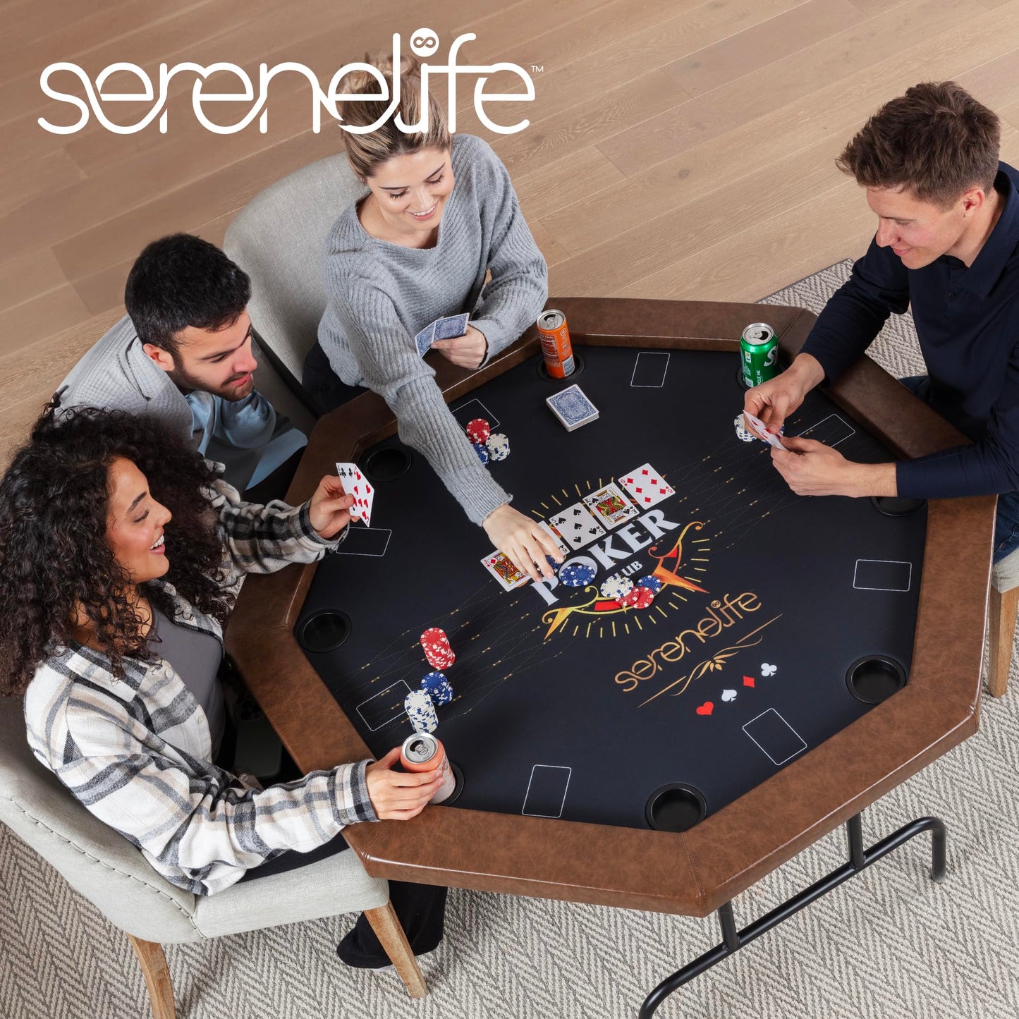SereneLife 84” Poker Table- 8 Player Octagonal Foldable Cardboard Leisure Game Table, Casino Style, with Water-Resistant Cushioned Rail, w/ 8 Cup Holders